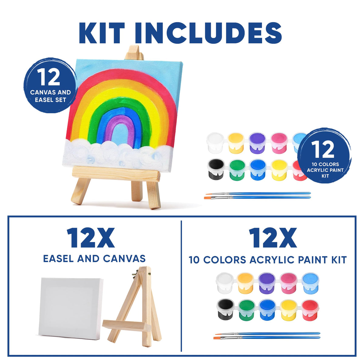 Set of 12 Mini 4x4 Canvas and Easel Set with 10 Colors - CRAFTY HAPPITOYS Official Imagery - 4