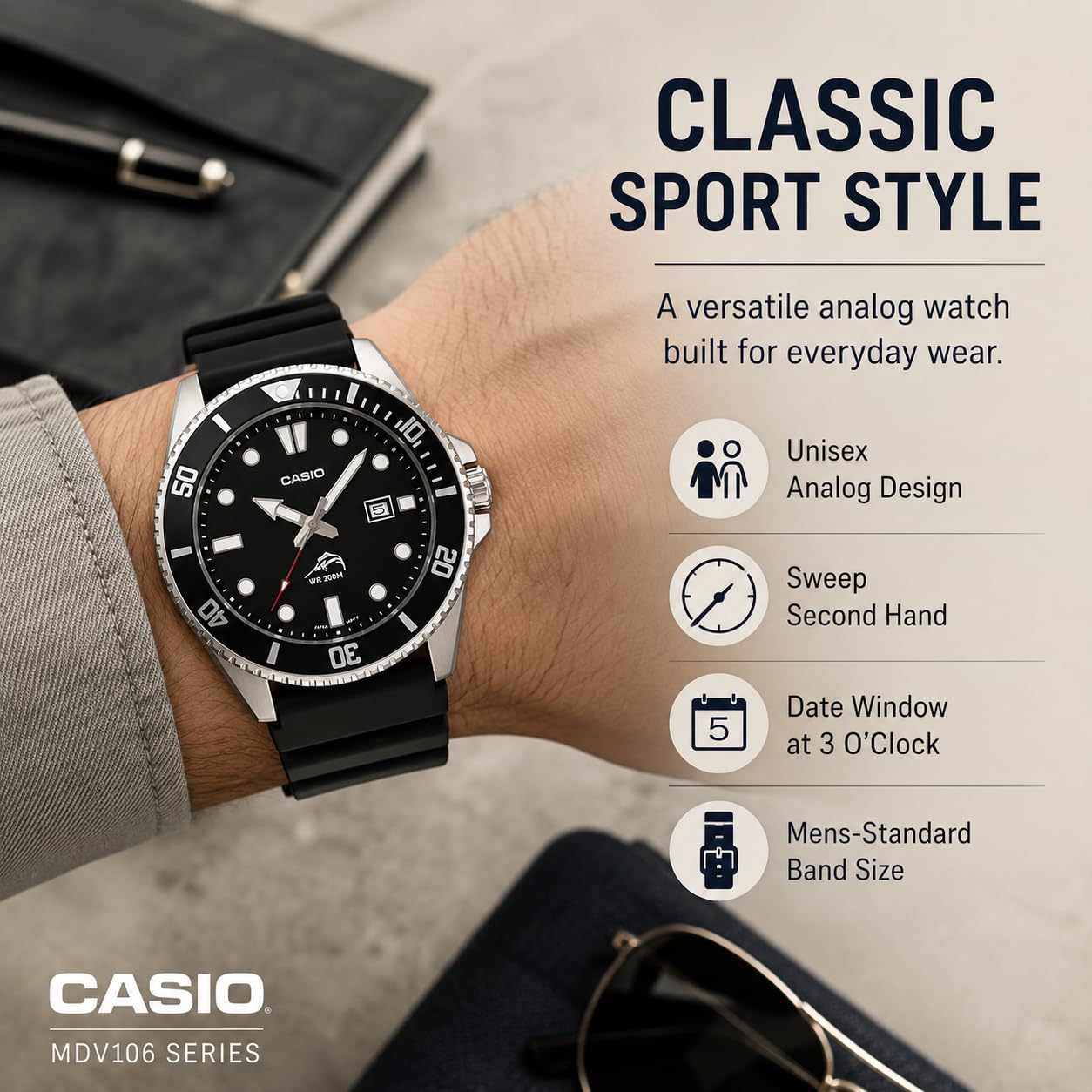 Casio MDV106 Series | Unisex Analog Watch | 200M WR | Stainless Steel - View 3