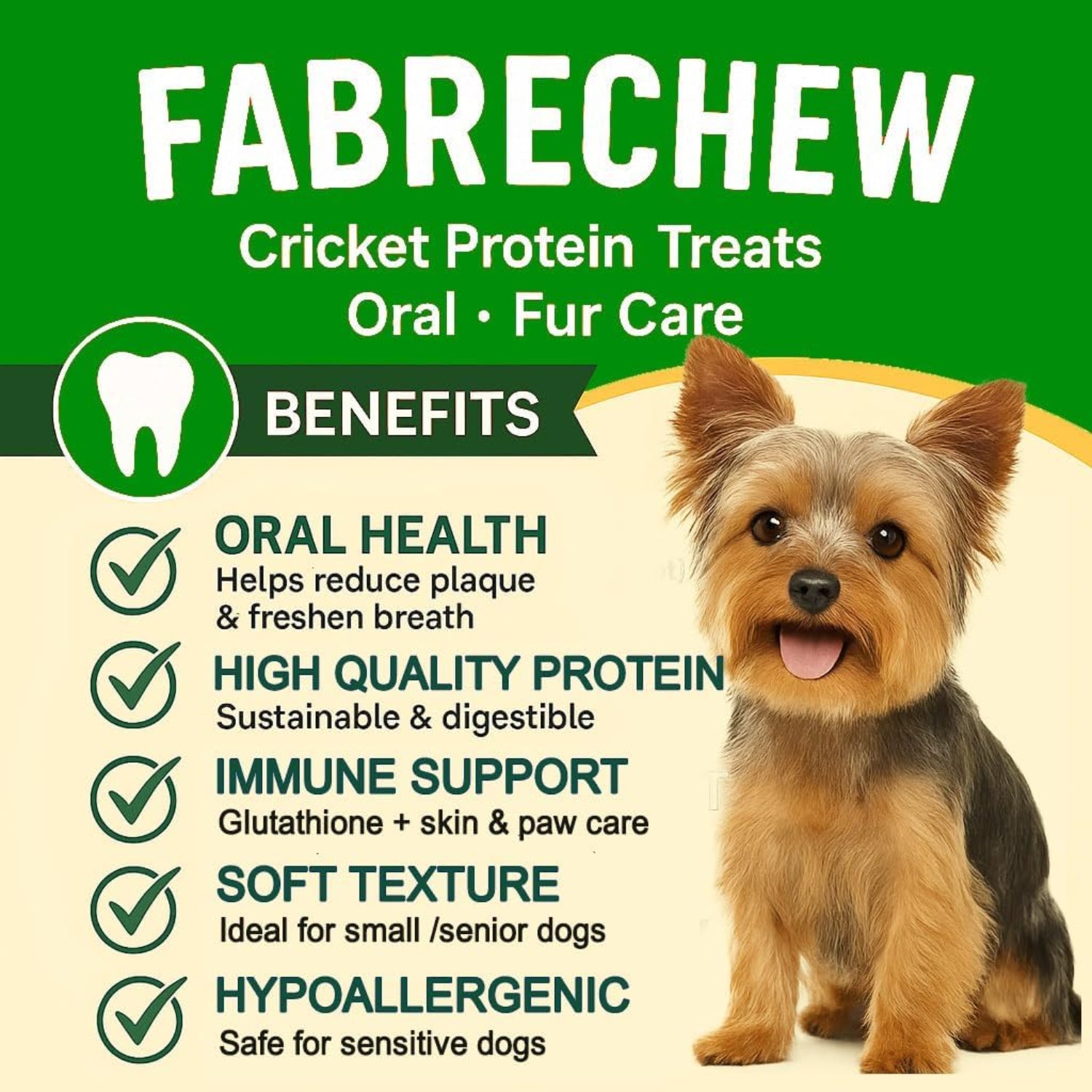 Fabrechew cricket protein dog treats, high-protein soft dental chews, 14-piece pack, shown in a close-up image.