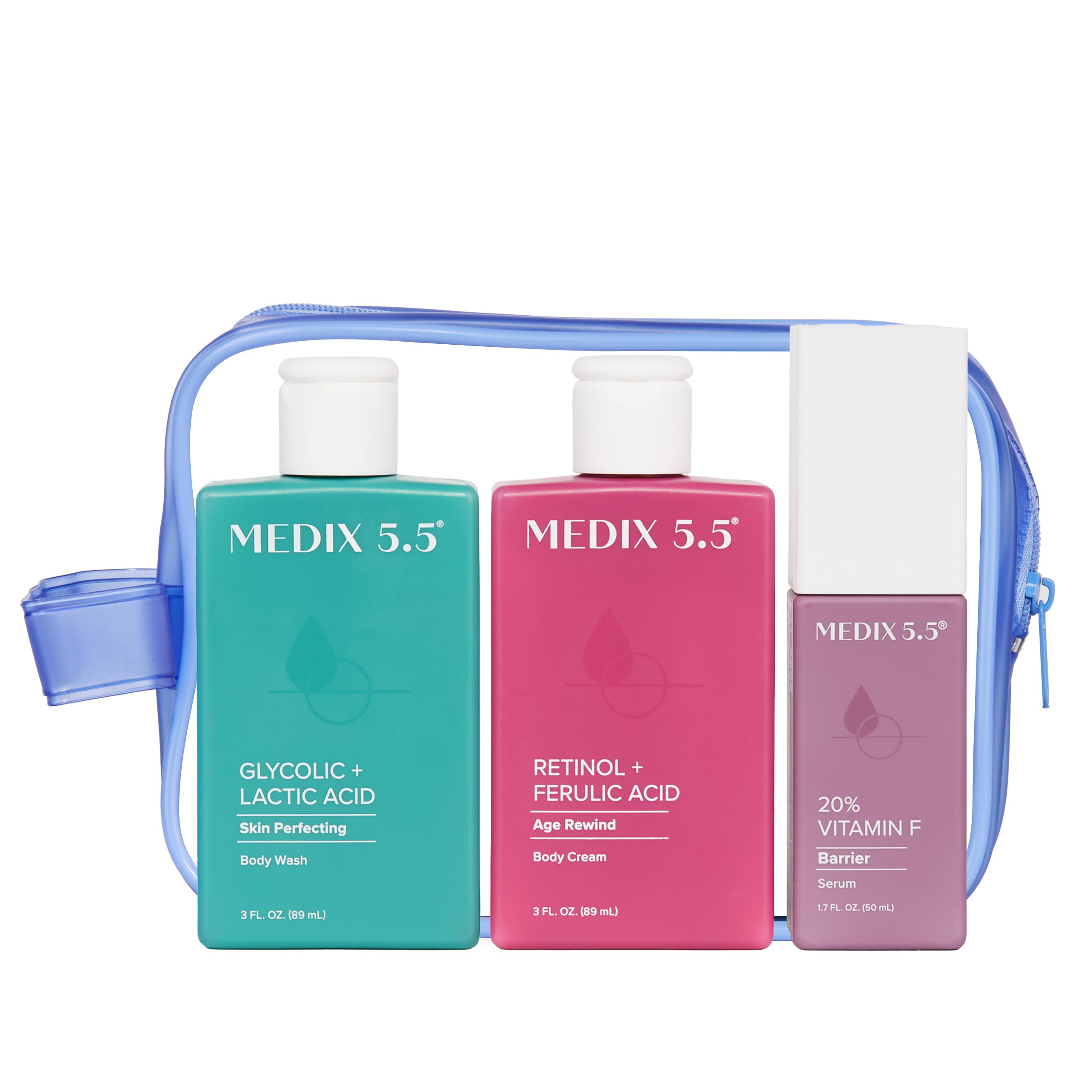 MEDIX 5.5 Best Sellers Travel Kit Skin Care Set - Retinol Body Lotion + Glycolic Acid Exfoliating Body Wash + 20% Vitamin F Body Oil 3PC Skincare Set | Crepey Skin Care Treatment, 3 Piece Travel Kit - Medix 5.5 Official Product View 2
