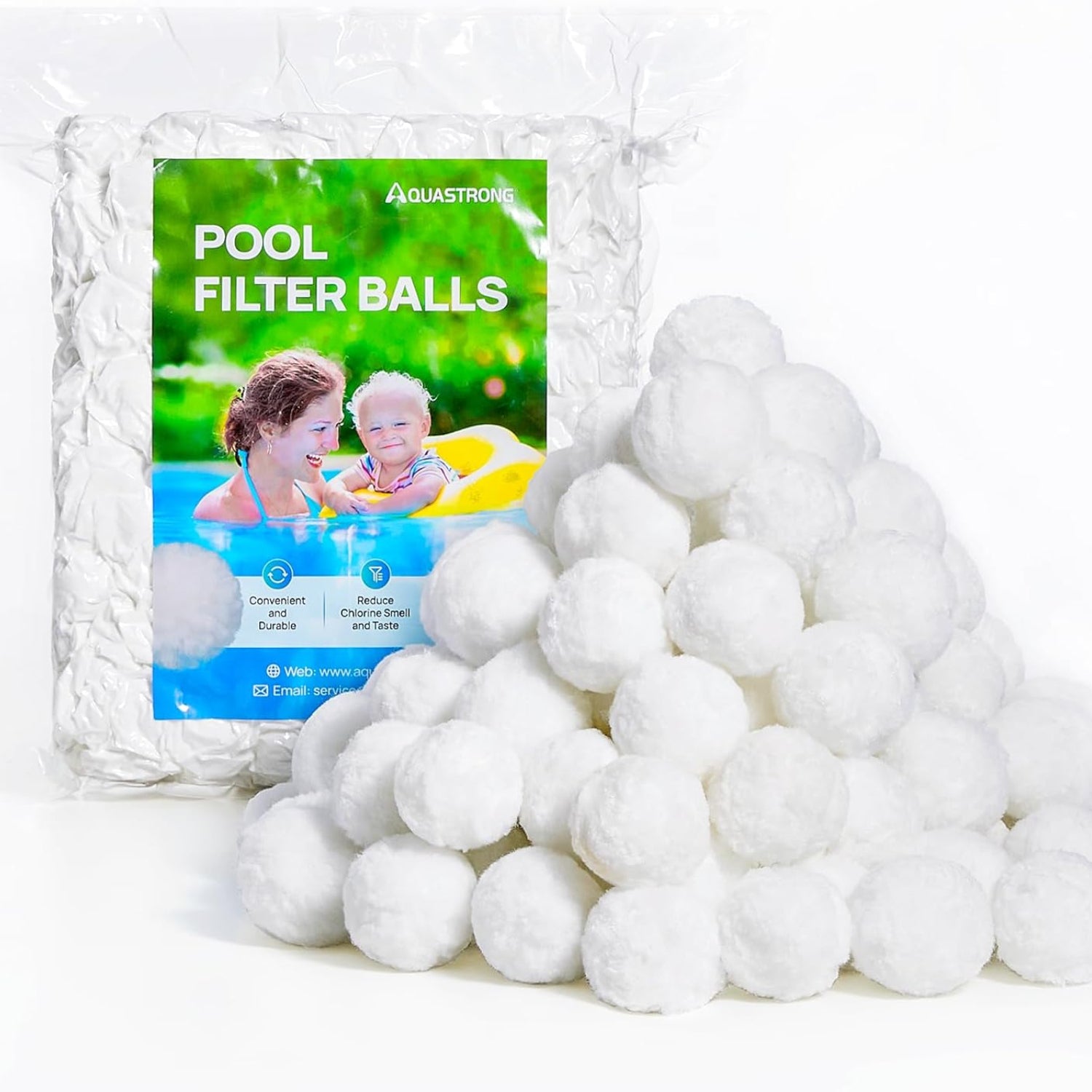 AQUASTRONG reusable pool filter balls for sand filters, 3.1 lbs, showing white spherical filter media for swimming pool filtration.