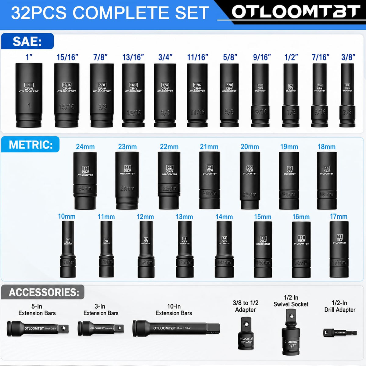 32PCS 1 2 Drive Impact Socket Set SAE and Metric Deep - OTLOOMTBT Official Imagery - 3