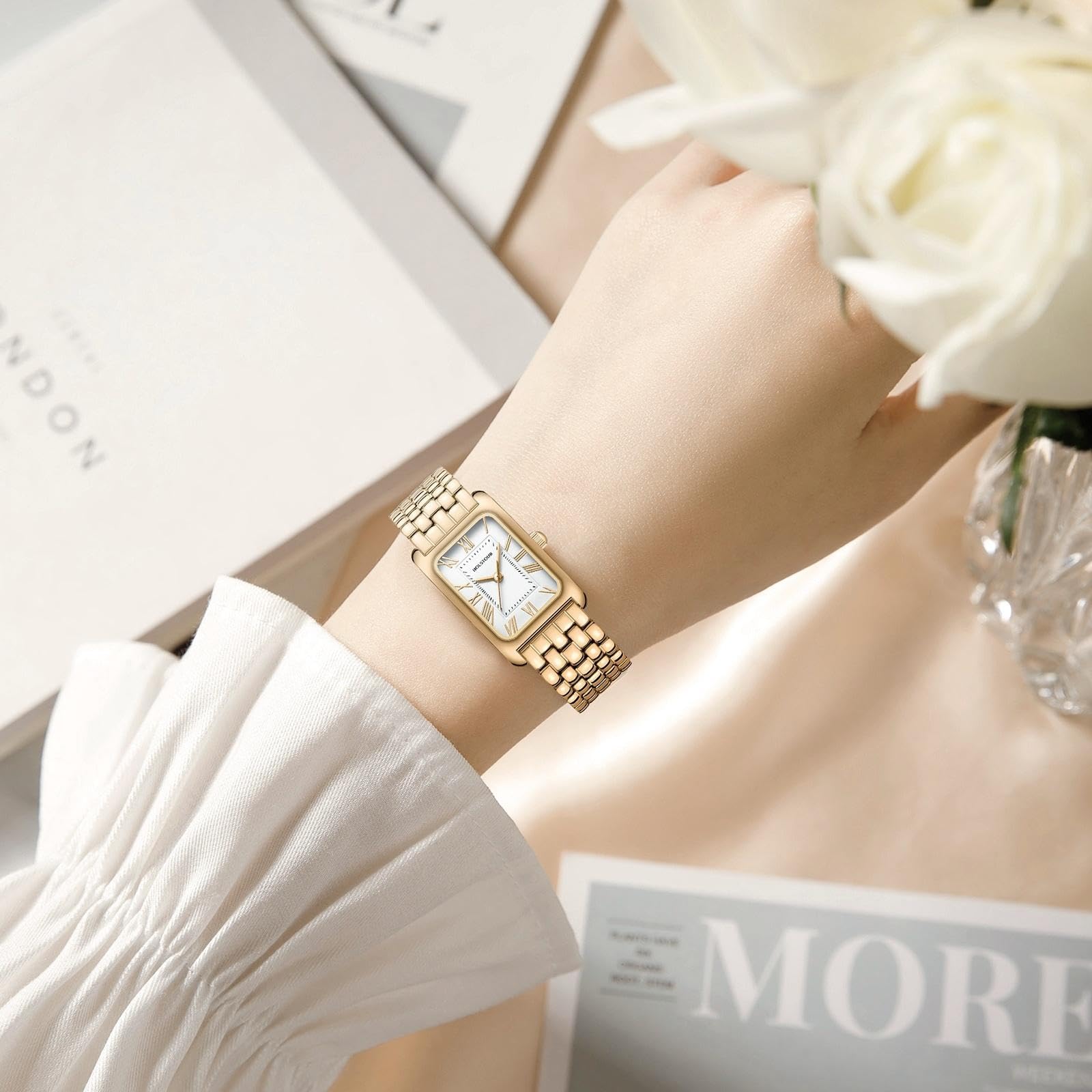HOLSTOUR Women's Vintage Gold Rectangular Watch Roman Dial