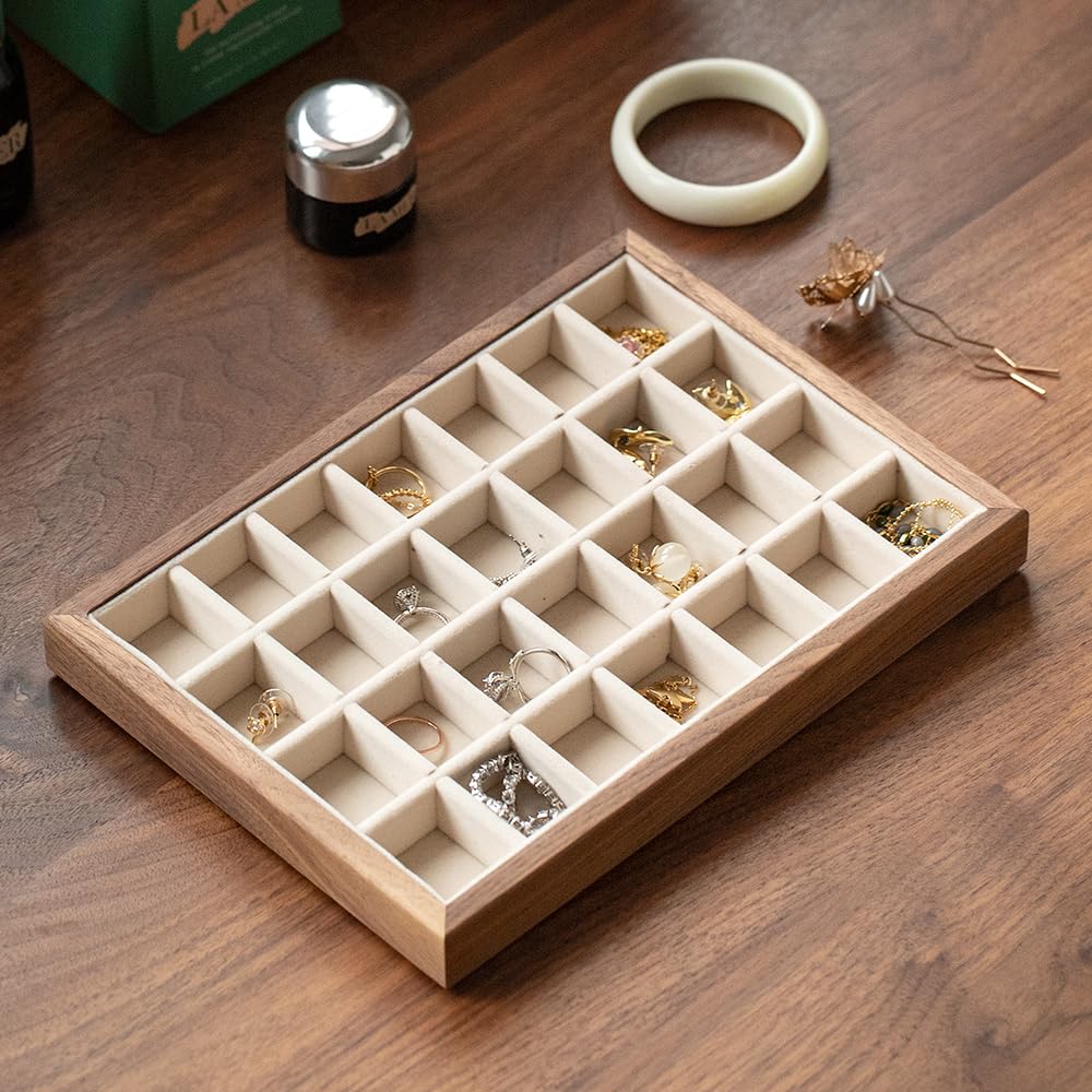 28 Grid Black Walnut Wooden Jewelry Tray with Velvet Lining - MIGAKU HOME Official Imagery - 5