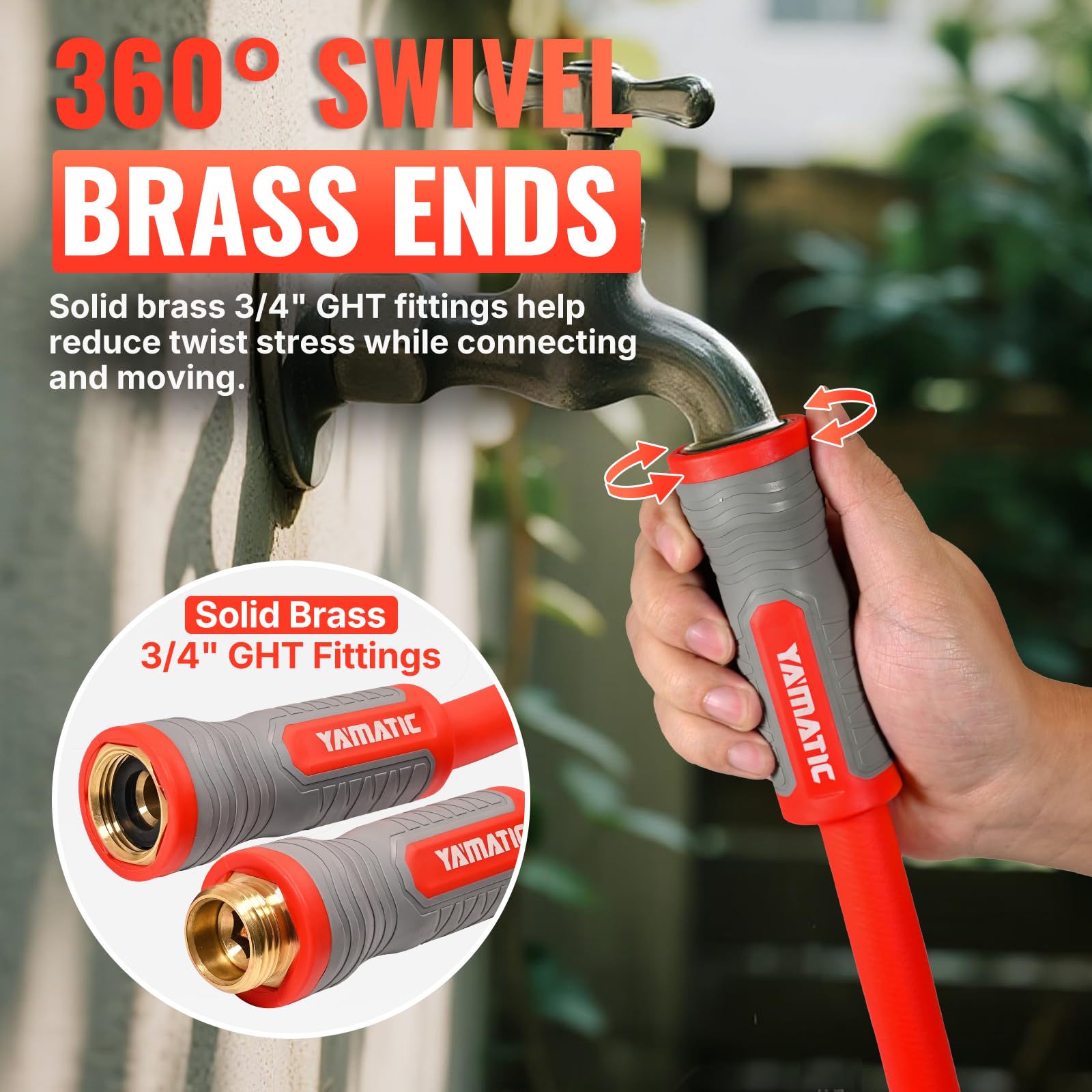 YAMATIC 100FT Flexible Garden Hose 5/8", Brass Swivel Handle Burs - YAMATIC Official Product View 4