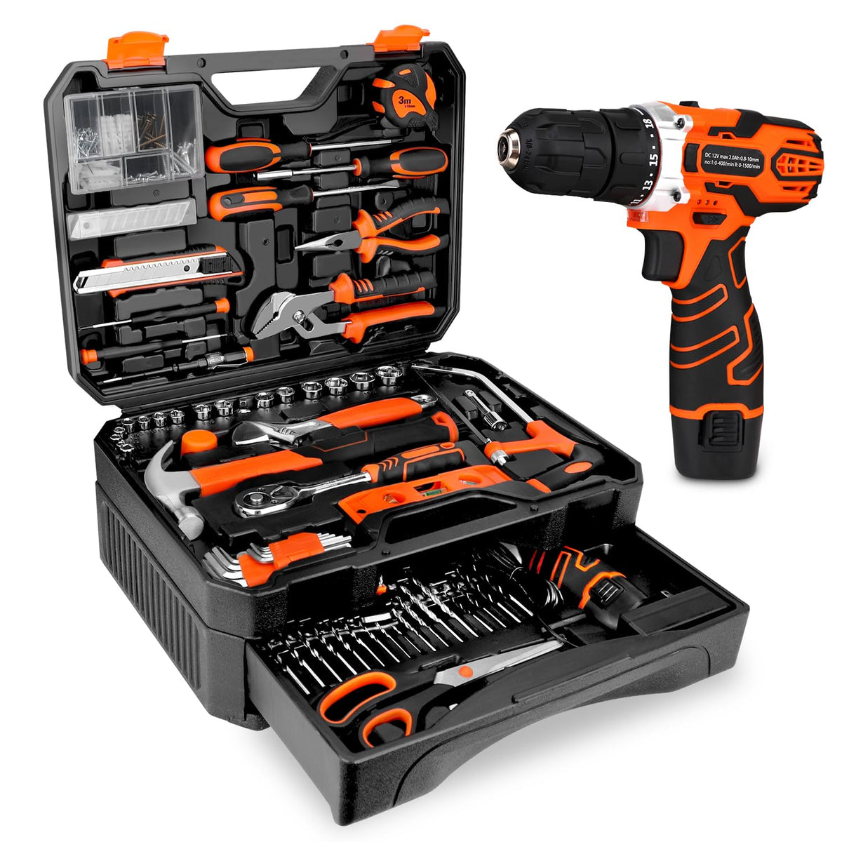 255 Piece Home Tool Kit with 12V Cordless Drill and Drawer - Thatool Official Imagery - 2