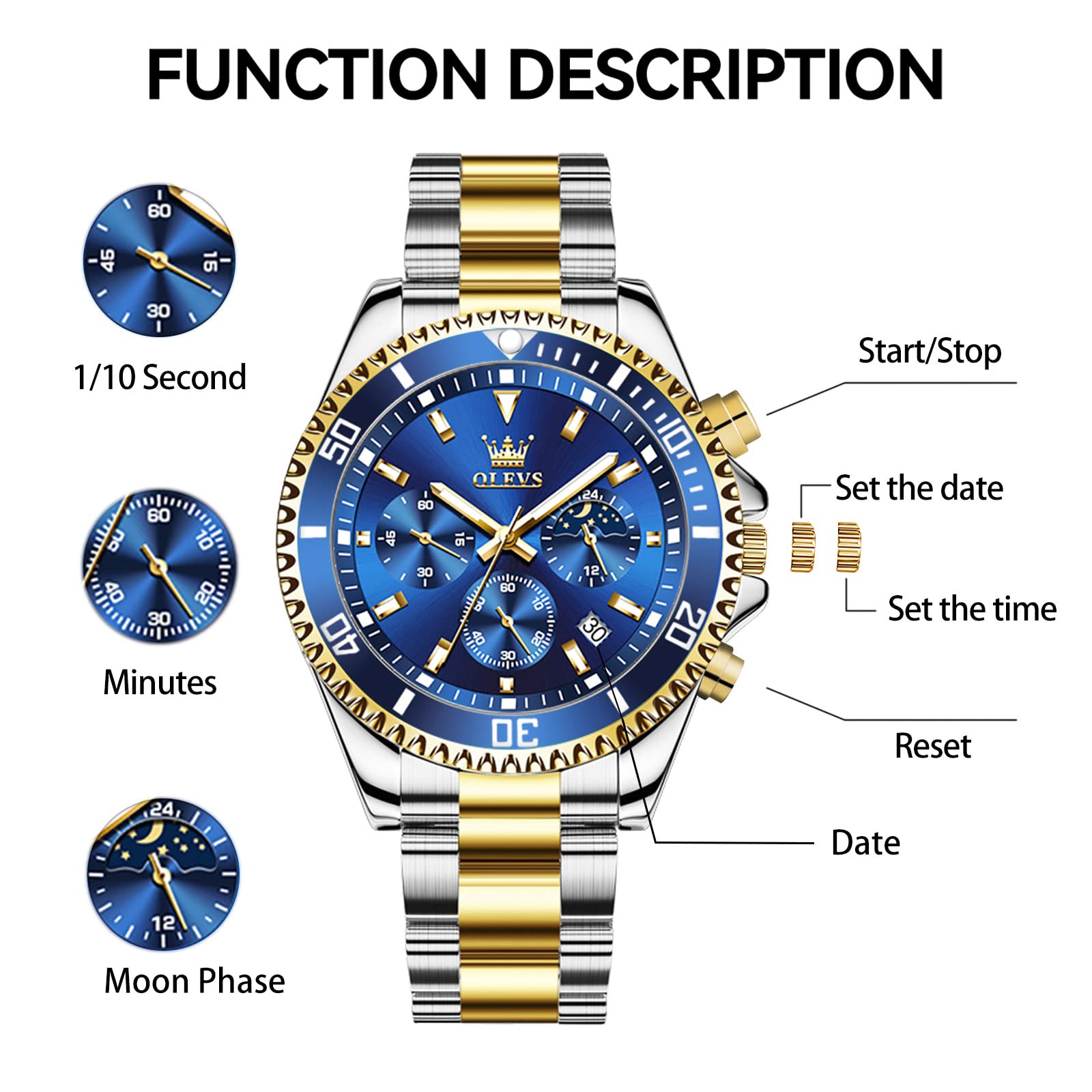 OLEVS Mens Stainless Steel Watch Fashion Luxury Big Face Analog Waterp - View 6