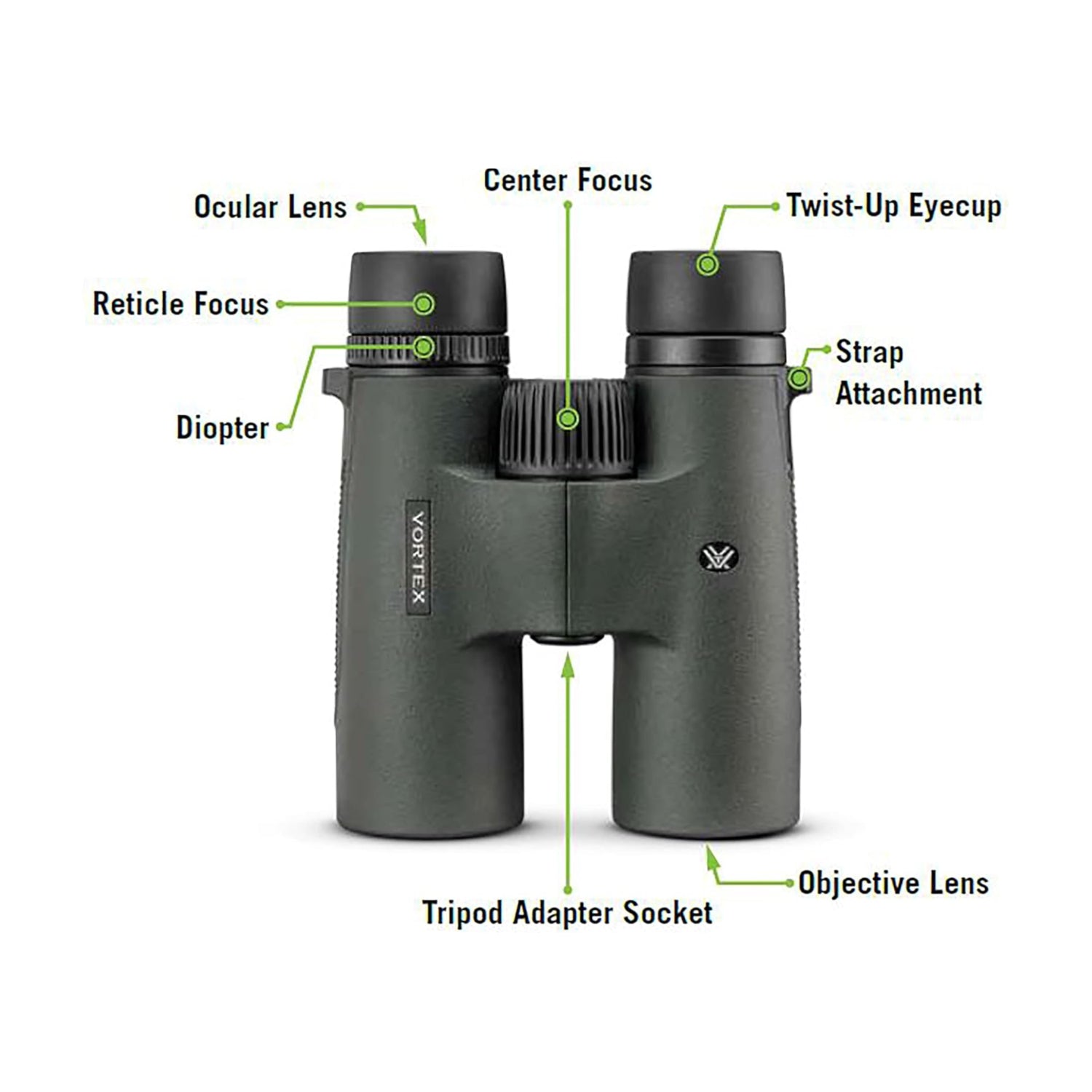 Elefair Vortex Triumph HD 12x50 binoculars showing shock-resistant body and tripod mount, with detailed focusing dials.
