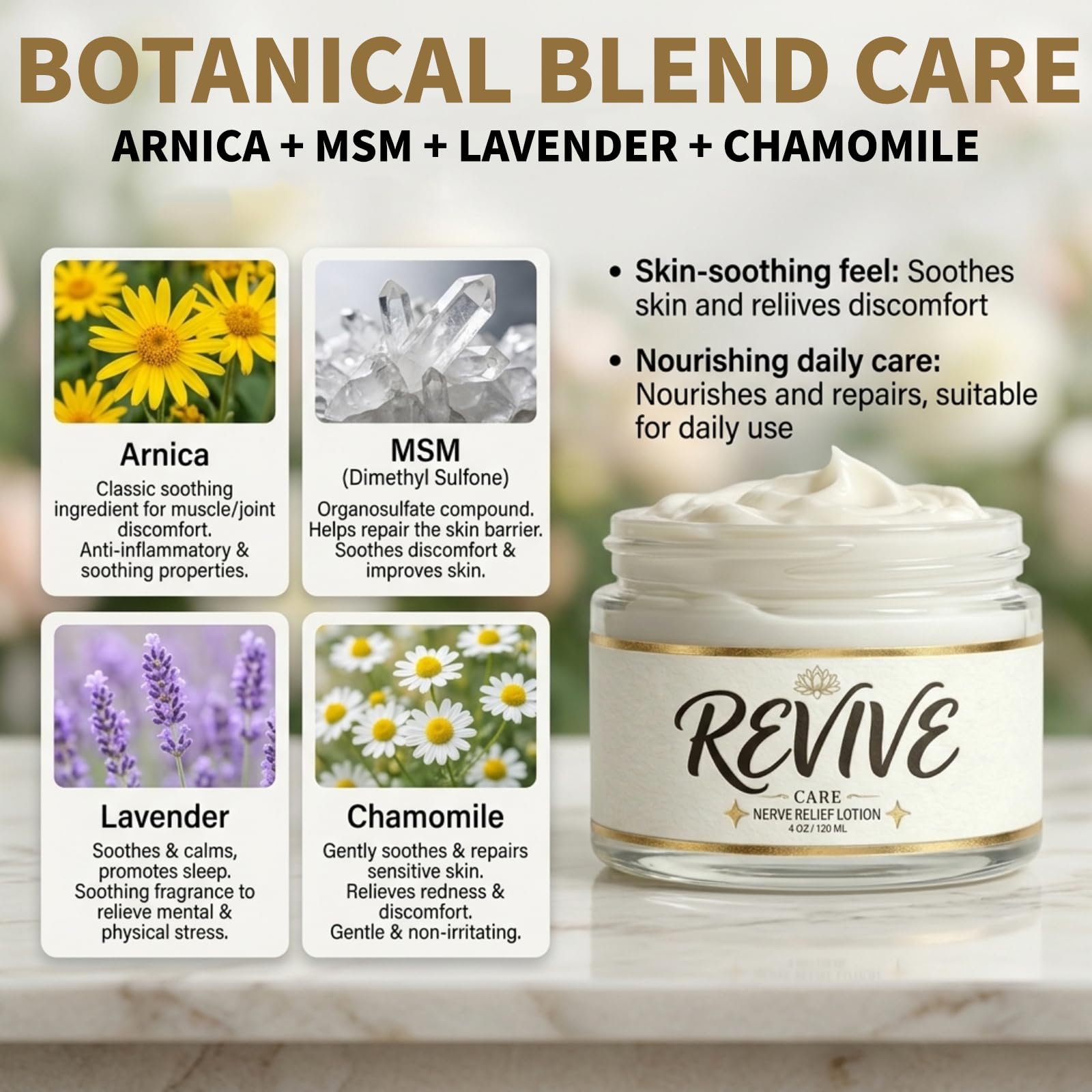 Nola Sleep Revive Nerve Relief Cream with magnesium in a 4 oz jar, moisturizing skin and soothing nerve discomfort.