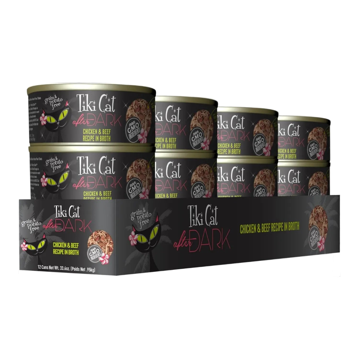 TIKI PETS Cat After Dark grain-free wet food with real meat, low carbohydrate formula, in a can.