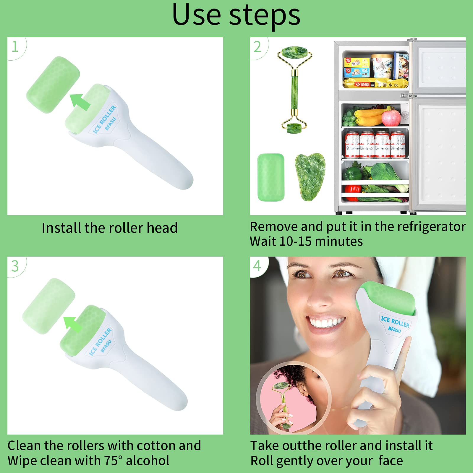 BFASU 3-in-1 facial roller set including ice, jade, and Gua Sha massage tools on a white background