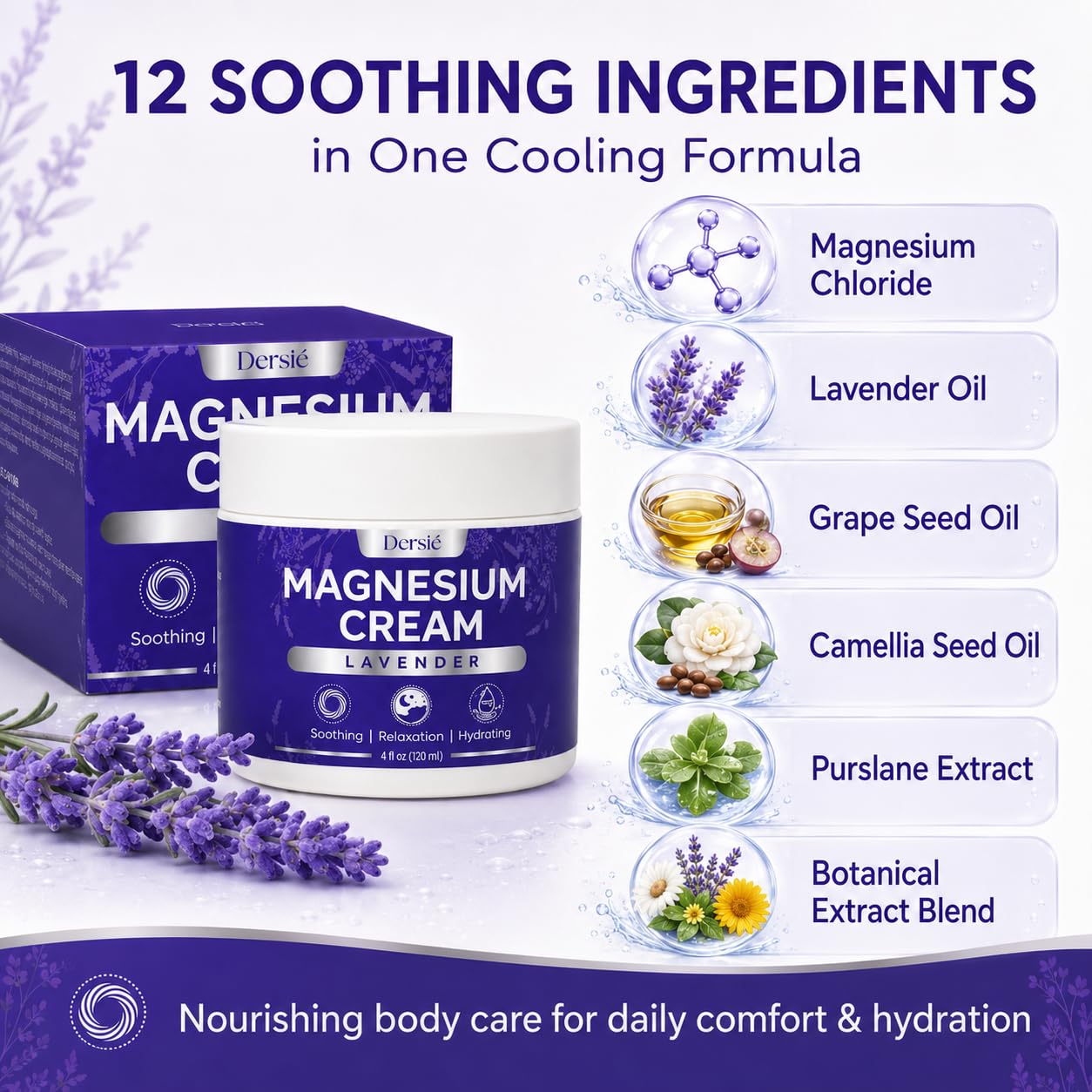 Dersie Magnesium Relief Cream for joints, legs, and feet in a 4 oz container, moisturizing and soothing skin.