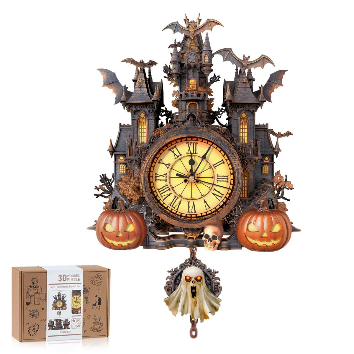 3D Puzzles for Adults Halloween Cottage Clock 3D DIY Model - Rnfinewow Official Imagery - 1