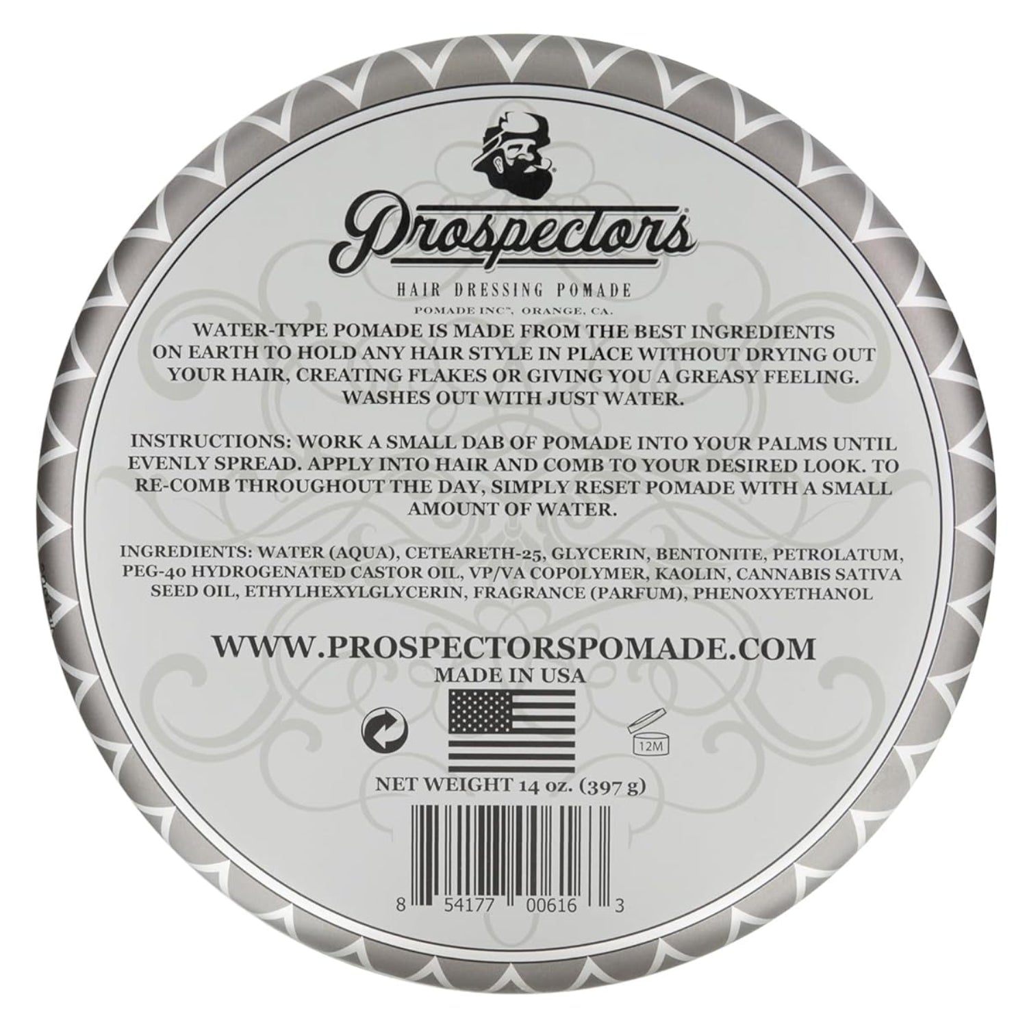 PROSPECTORS Coal Mine Matte Clay Hair Pomade in a 14 oz tin can, featuring a rugged, black and white label design.
