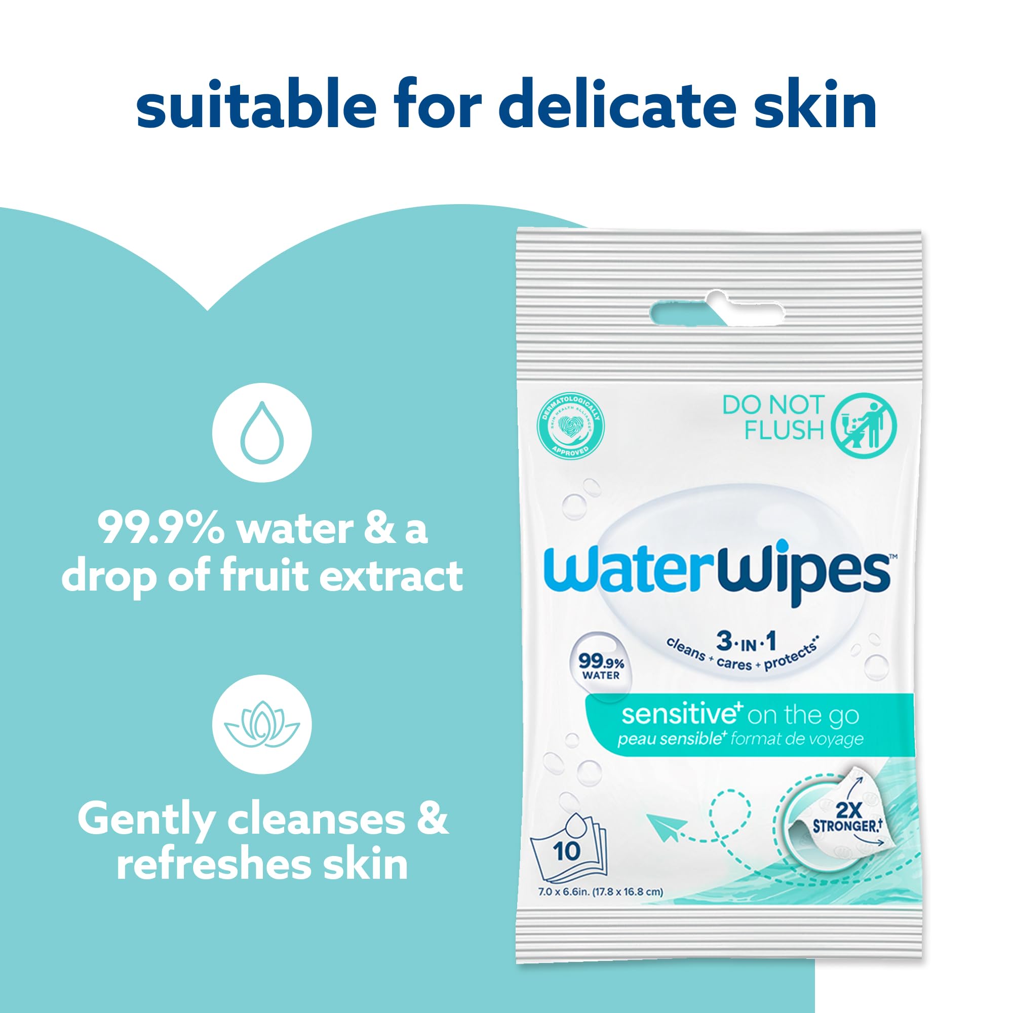 WaterWipes Beauty Sensitive+ On-The-Go Facial Wipes, 99.9% - WaterWipes