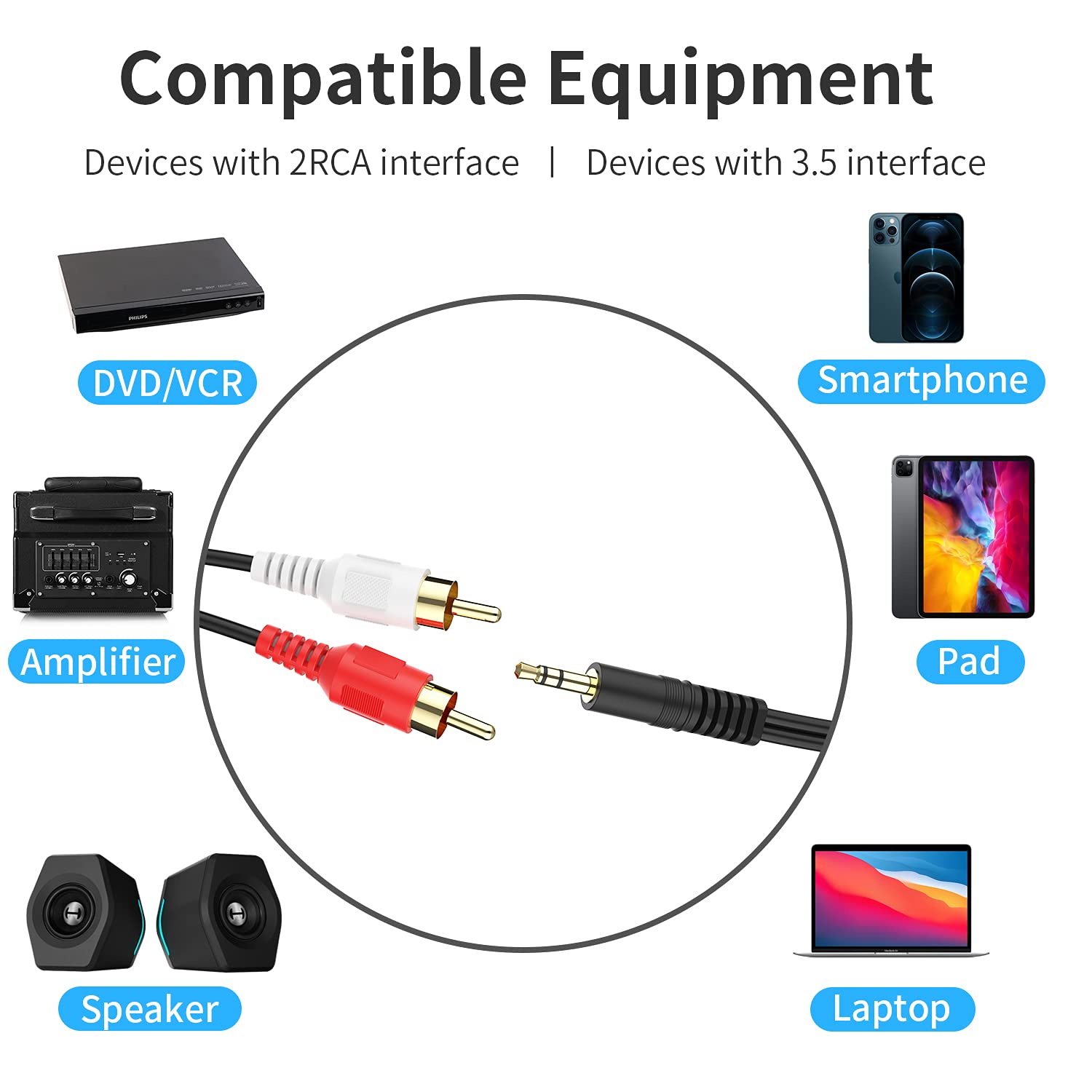 Abireiv 3.5mm to RCA Cable 10ft 3.5mm TRS Male to 2RCA Male Stere by Abireiv - Angle View 3
