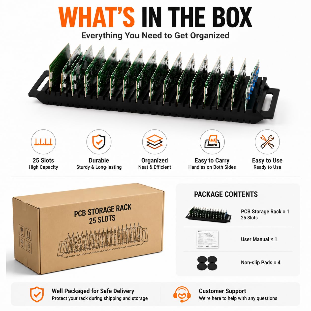Hemoton ESD PCB holder rack with 25 slots for circuit board storage, mounted bracket for organized electronic component management.