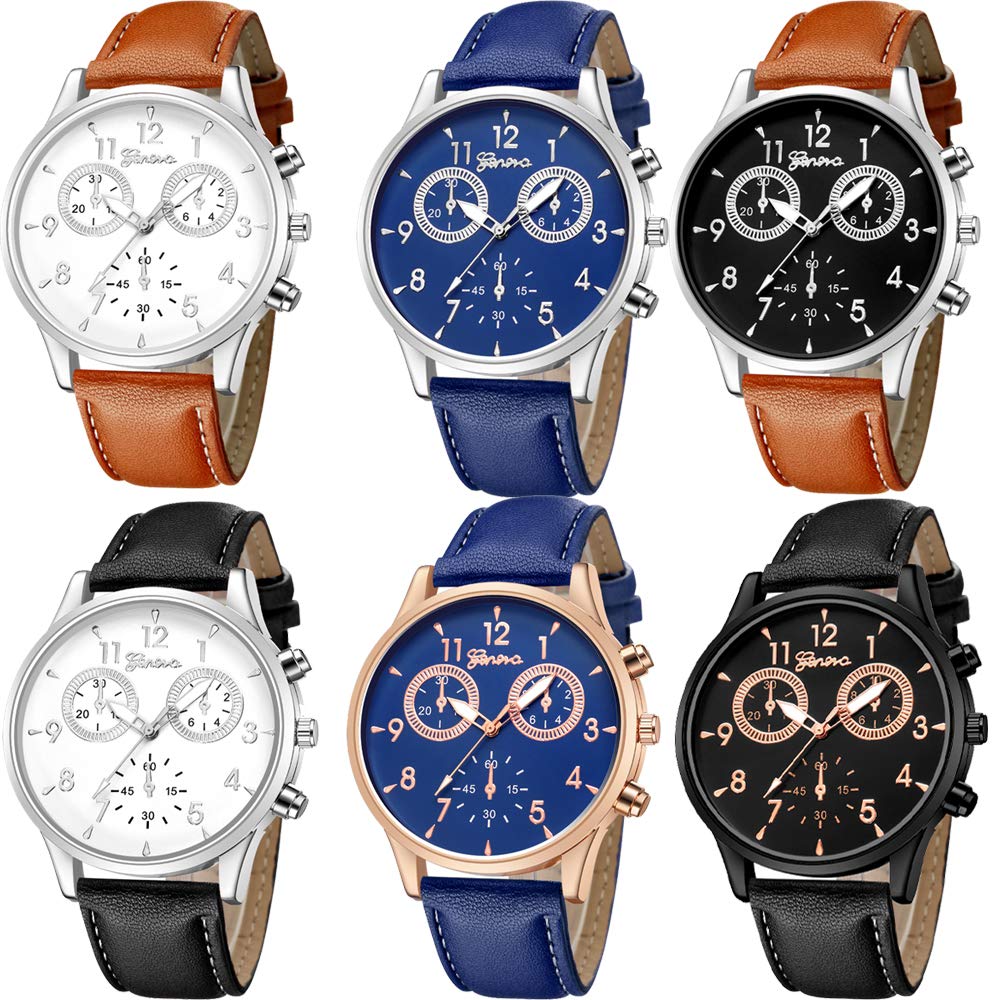 6 Pack Men's Leather Quartz Watch Geneva Casual Dress Wrist Band - Product Imagery