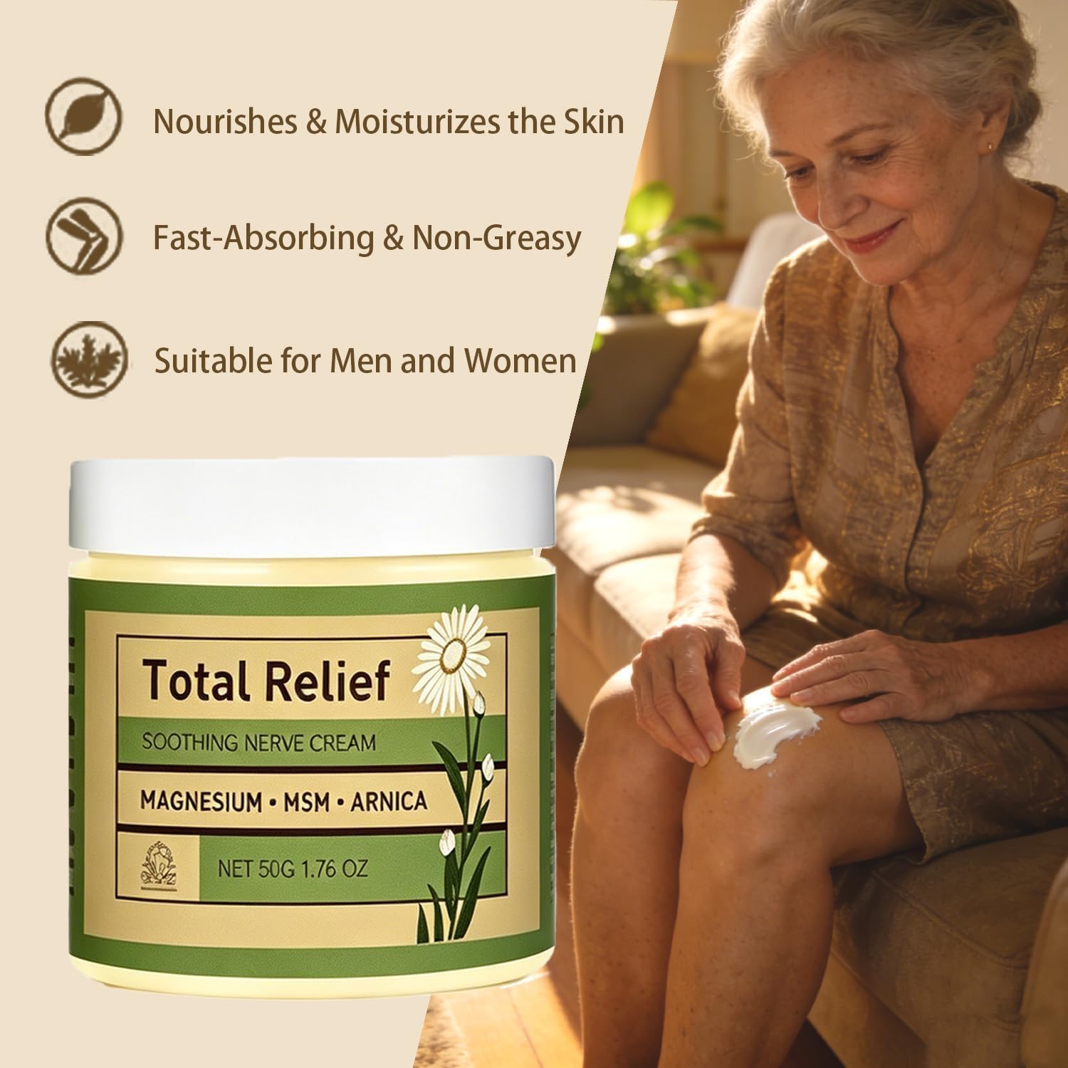 AOOTUYA Total Relief Magnesium Cream with MSM and arnica in a 4oz jar, designed for soothing muscle and joint discomfort.