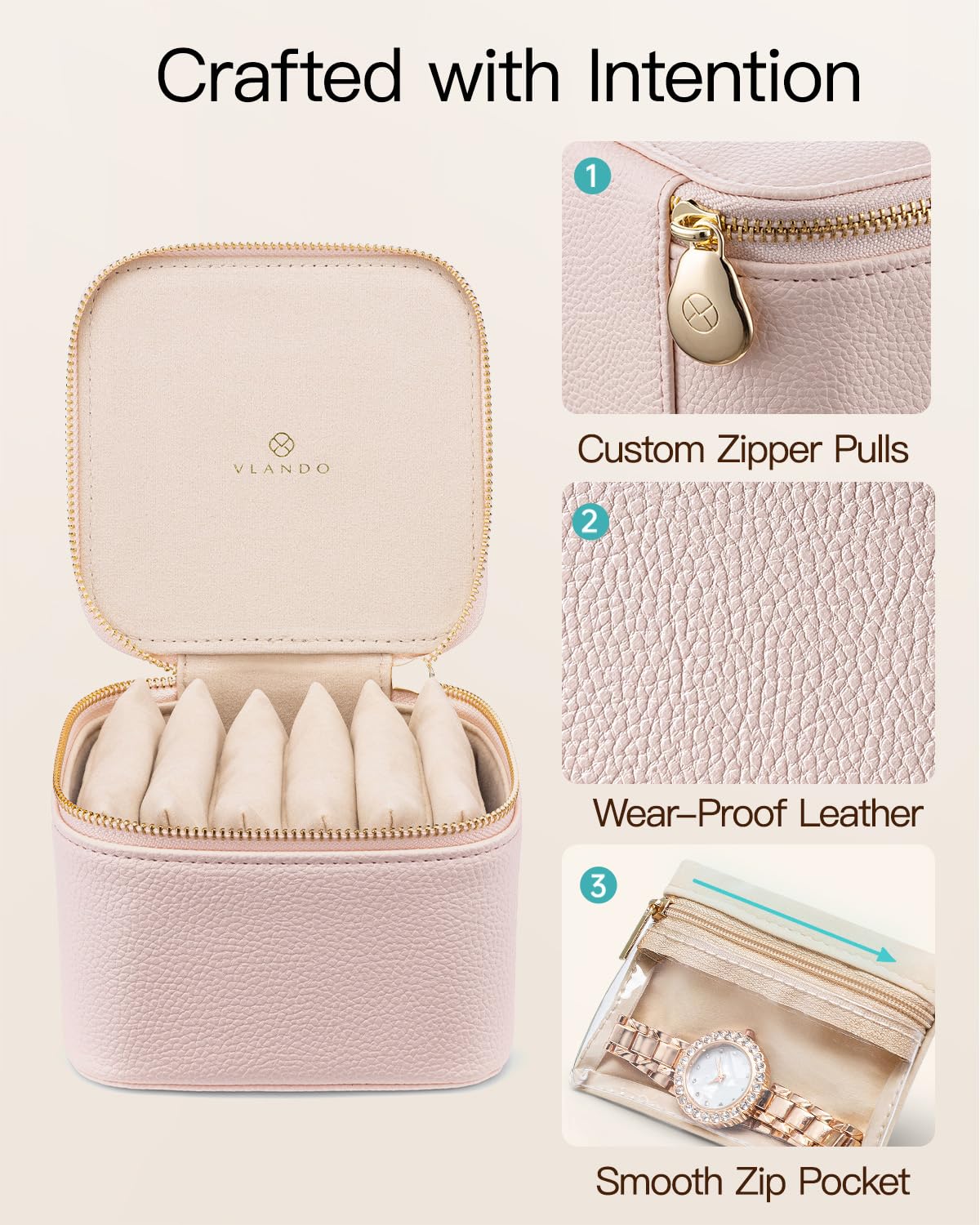 VLANDO Jewelry Organizer with Clear 6 Velvet Bags Pink - VLANDO Official Imagery - 6