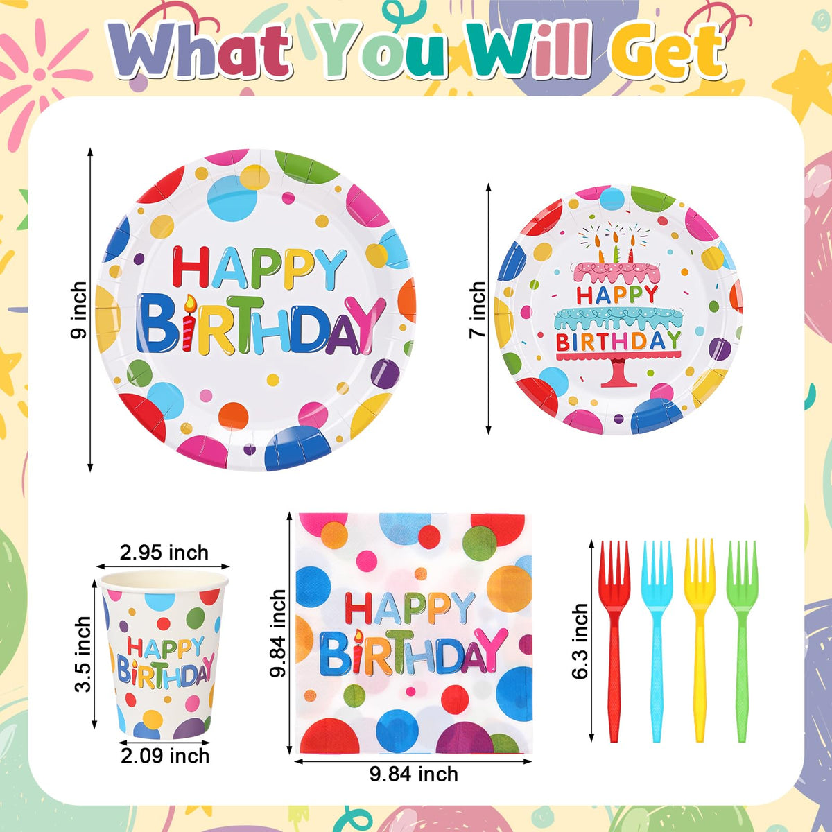200 Pcs Happy Birthday Colorful Polka Dot Party Paper Plates - Ziliny Official Imagery - 4