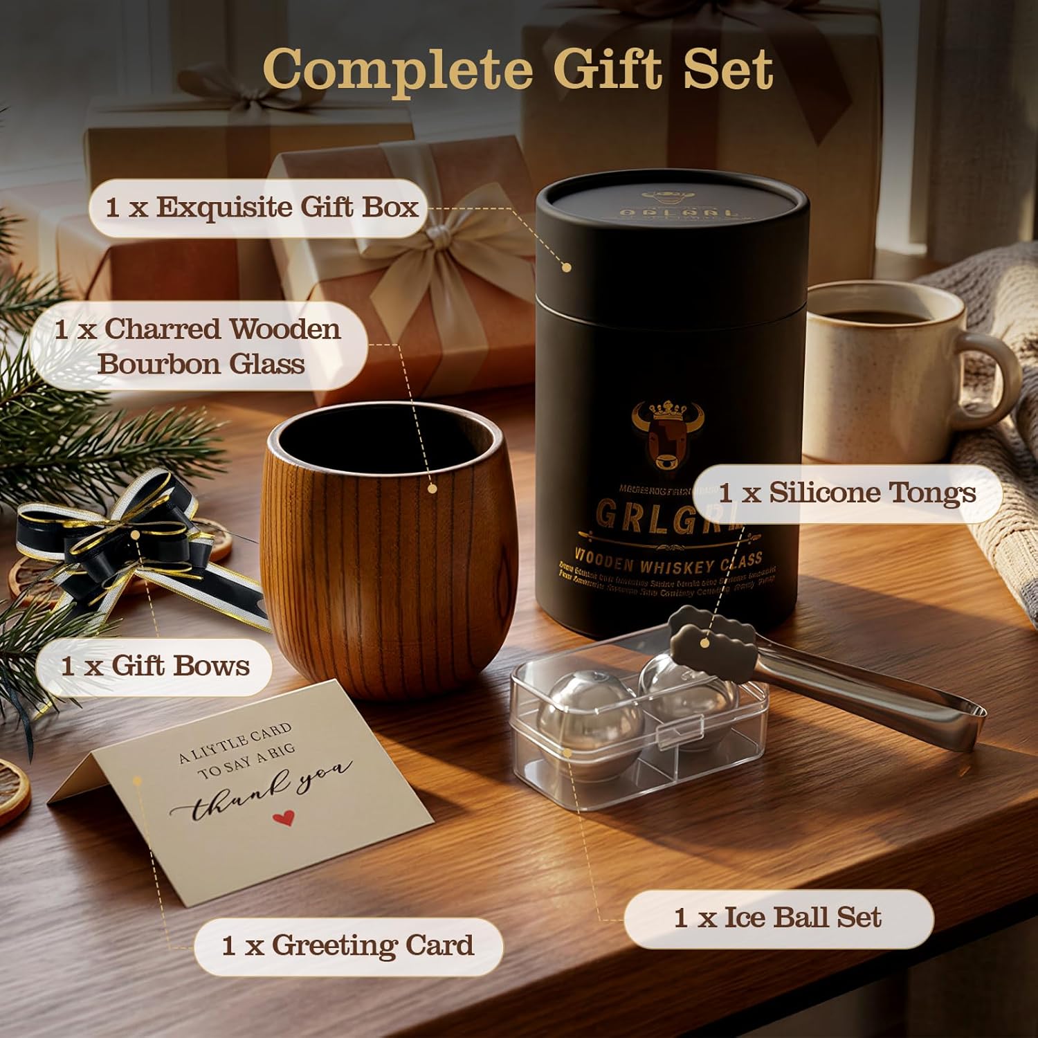 Charred wooden whiskey glasses from GrlGrl, old fashioned bourbon cups with a rustic, charred wood finish for men’s gift set.