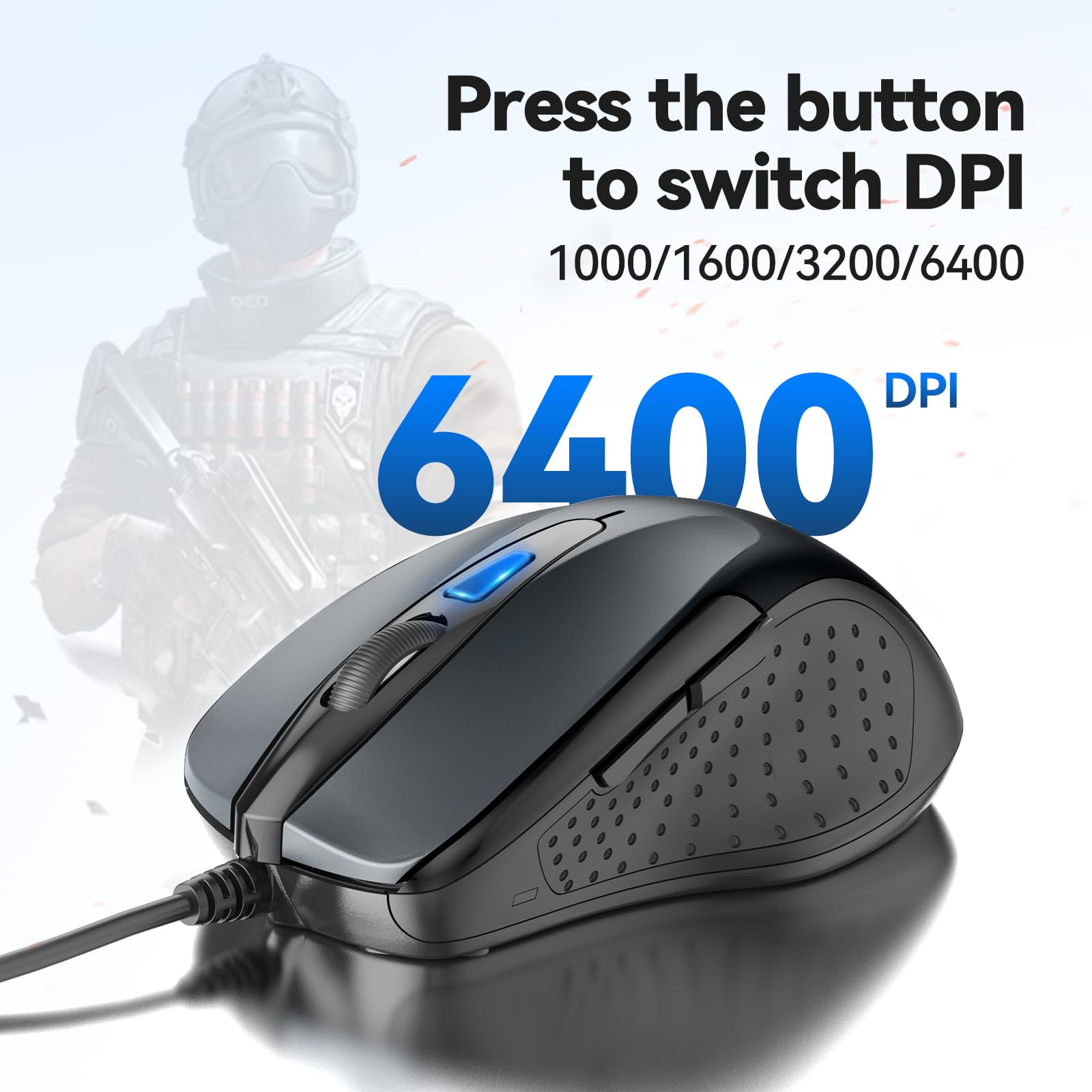 Gray TECKNET USB wired mouse with forward and backward buttons, 4 adjustable DPI settings, and ergonomic design.