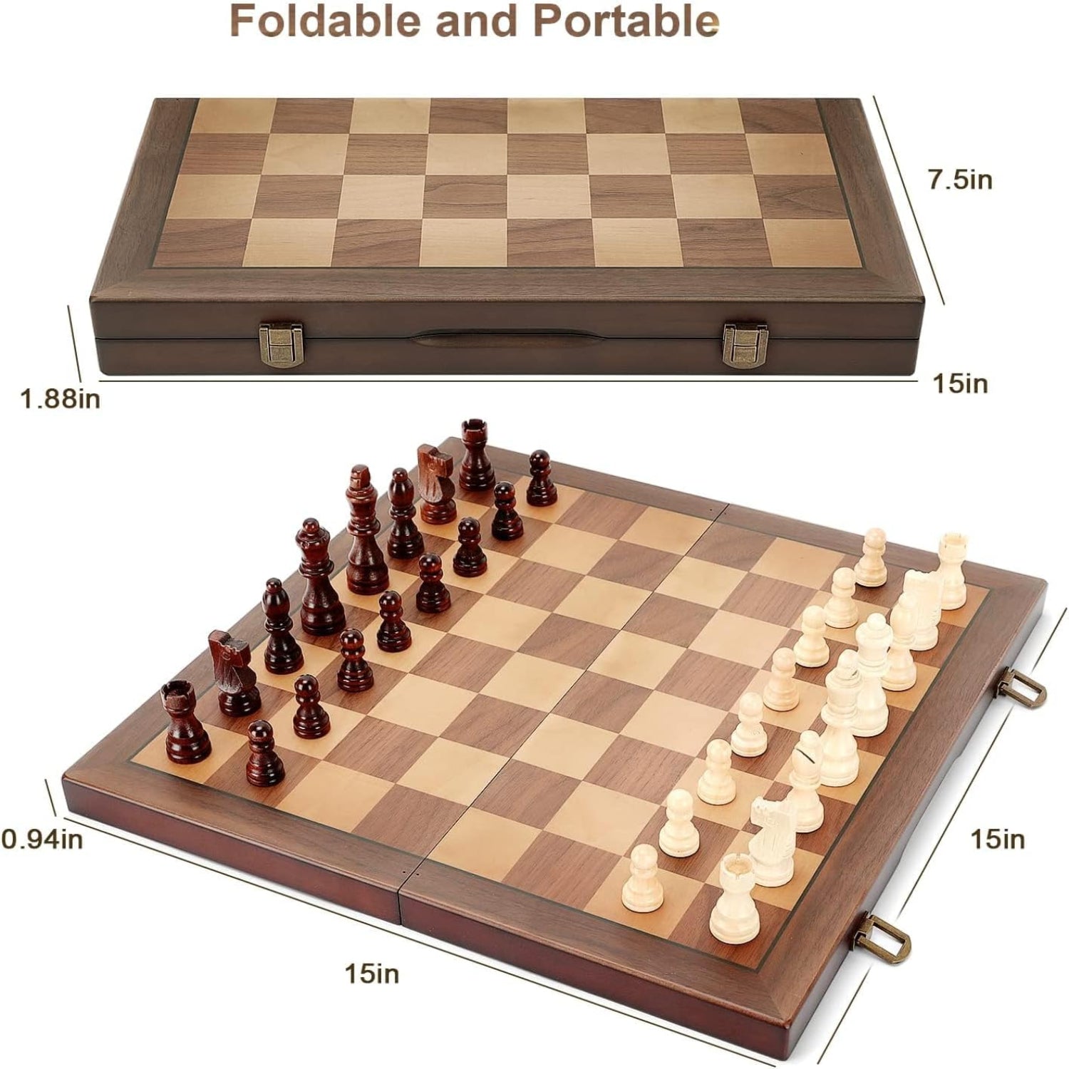Magnetic wooden chess set with handmade pieces, 15-inch chessboard for adults and kids, featuring Hurdaos brand design.