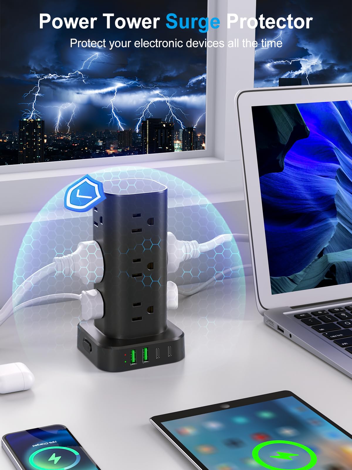 6FT Power Strip Tower with Wireless Charger Surge Protector - UWIWUTEI Official Imagery - 7