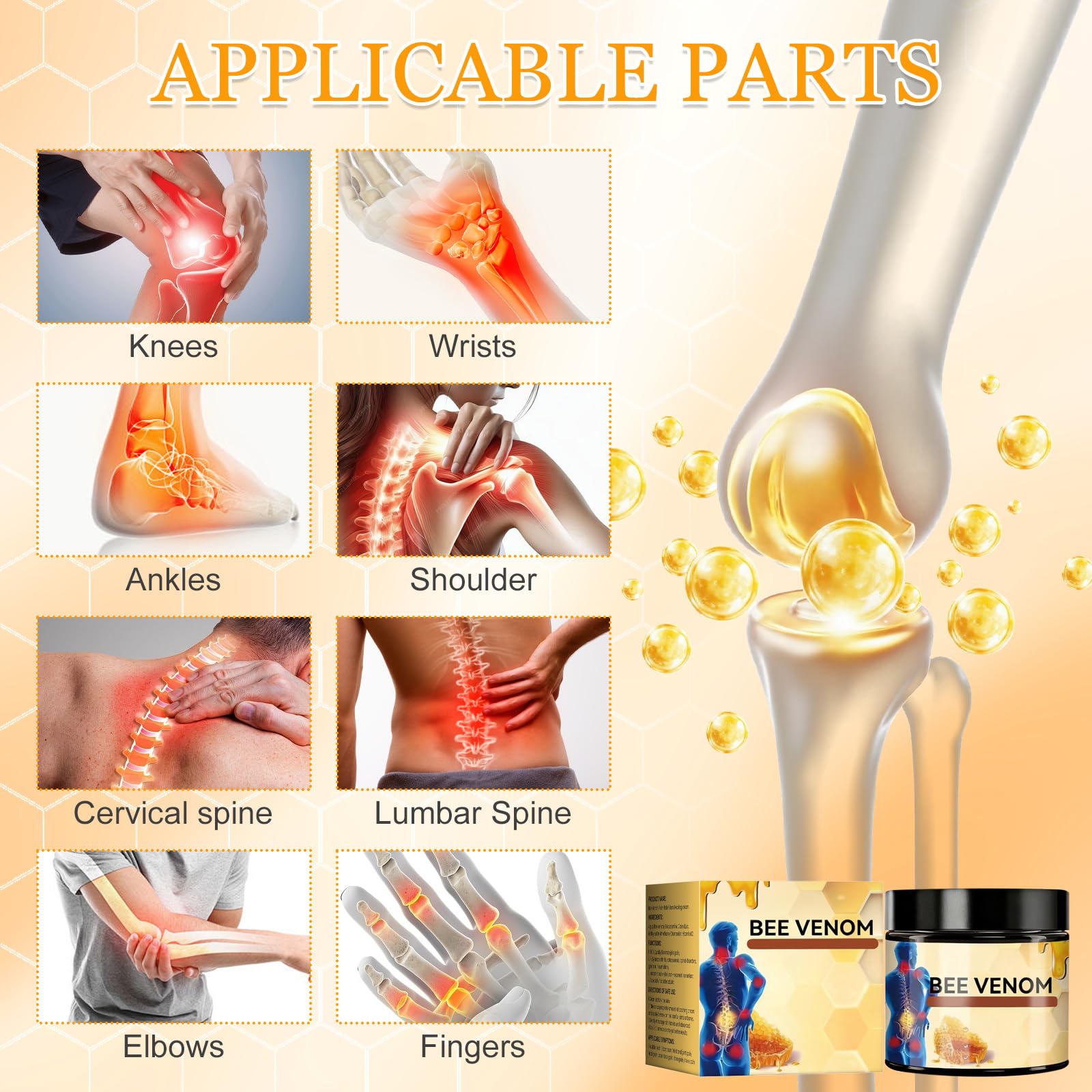 Elefair Bee Venom Joint & Muscle Cream jar showing natural joint and muscle relief cream for pain relief and skin nourishment.