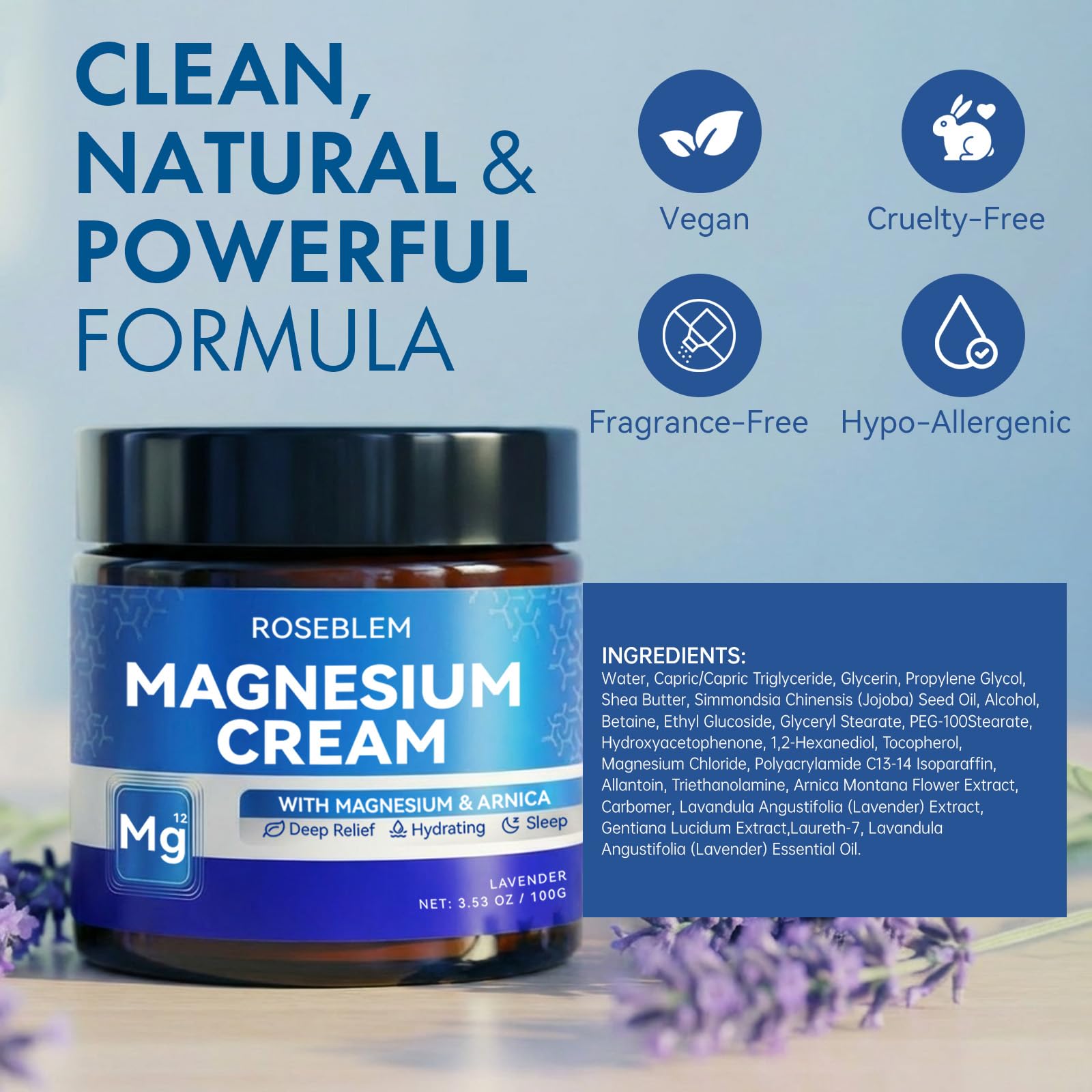 Roseblem Magnesium Cream with arnica and lavender, a gentle moisturizer for muscle relief, relaxation, and sensitive skin.