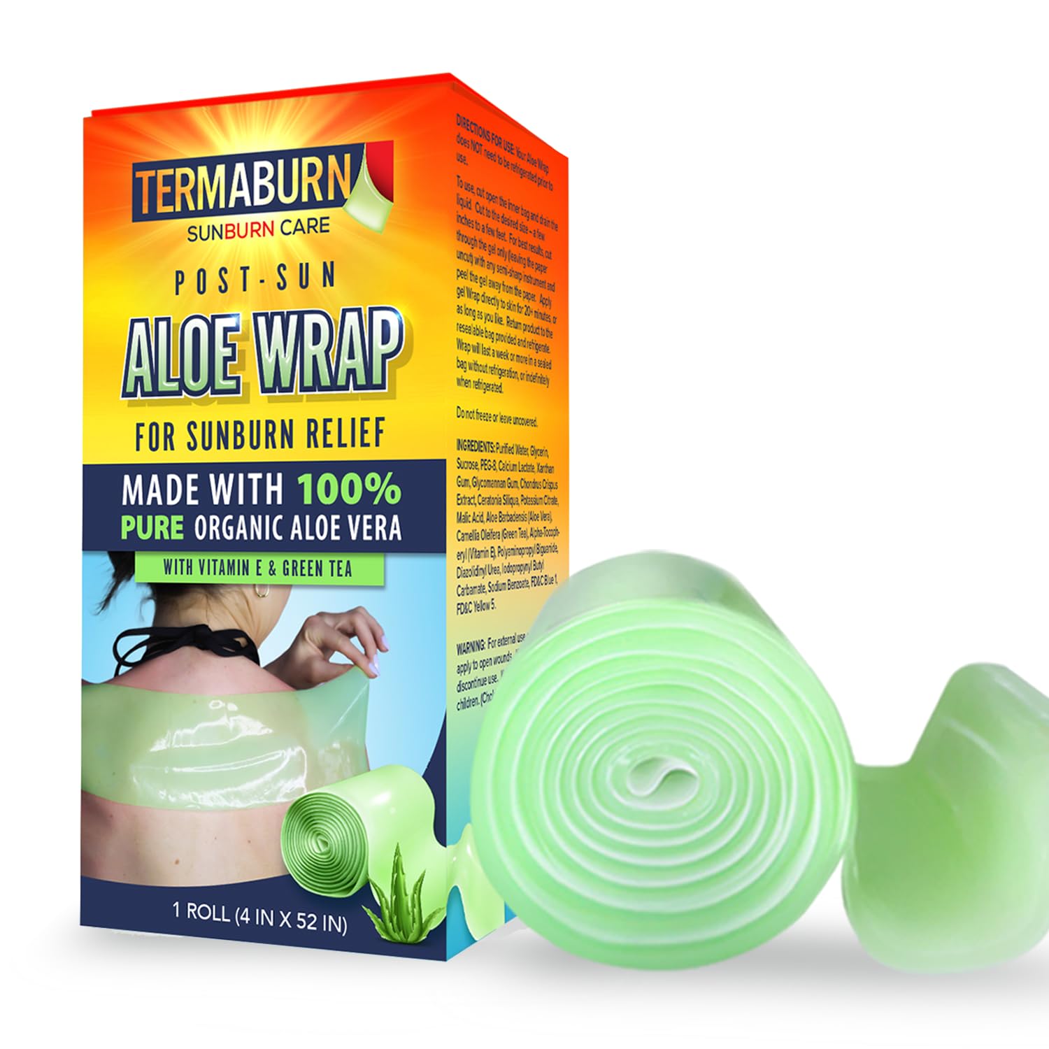 TermaBurn wearable aloe hydrogel wrap for sunburn relief, showing a soothing skin-care agent applied to sunburned skin.