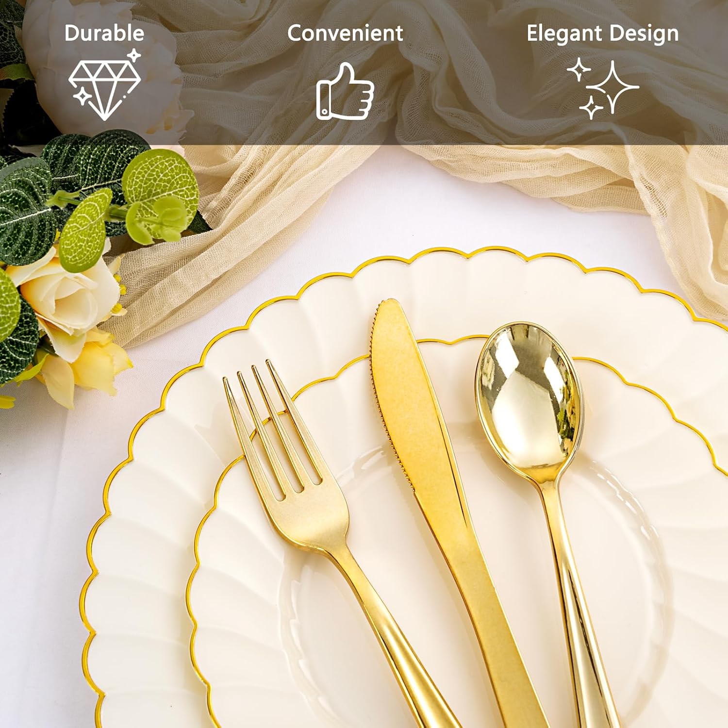 YOUBET 350-pack ivory scalloped plastic plates with gold accents, disposable party plates for elegant gatherings