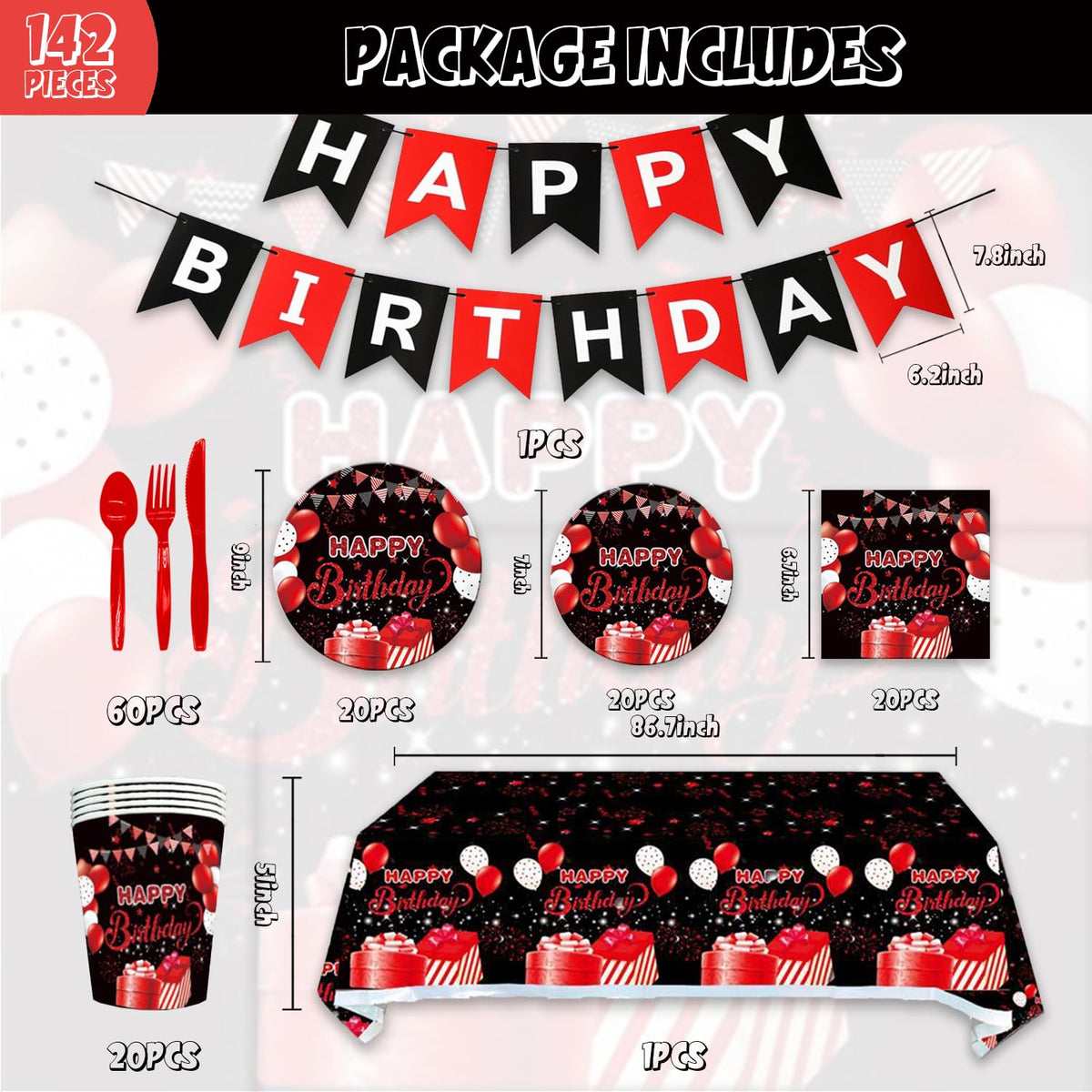 142Pcs Red and Black Birthday Party Tableware Set Inculde - Esyzpesai Official Imagery - 4