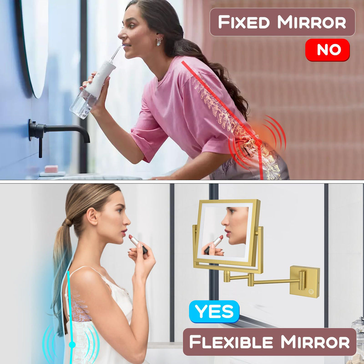 8 Square Makeup Mirror Wall Mount with Light and Magnifying - RECKODOR Official Imagery - 6