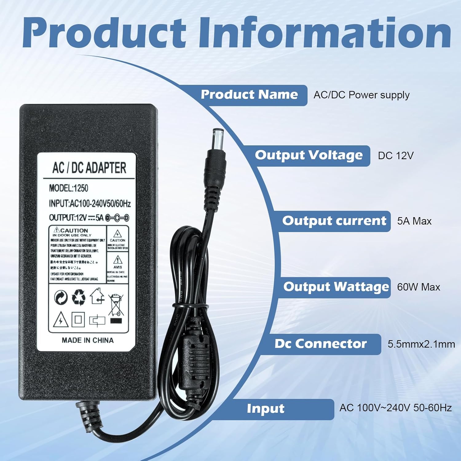 HOAYVKJ 12V 5A security camera power supply adapter with 8-way splitter cable and 100-240V AC/DC converter for surveillance systems