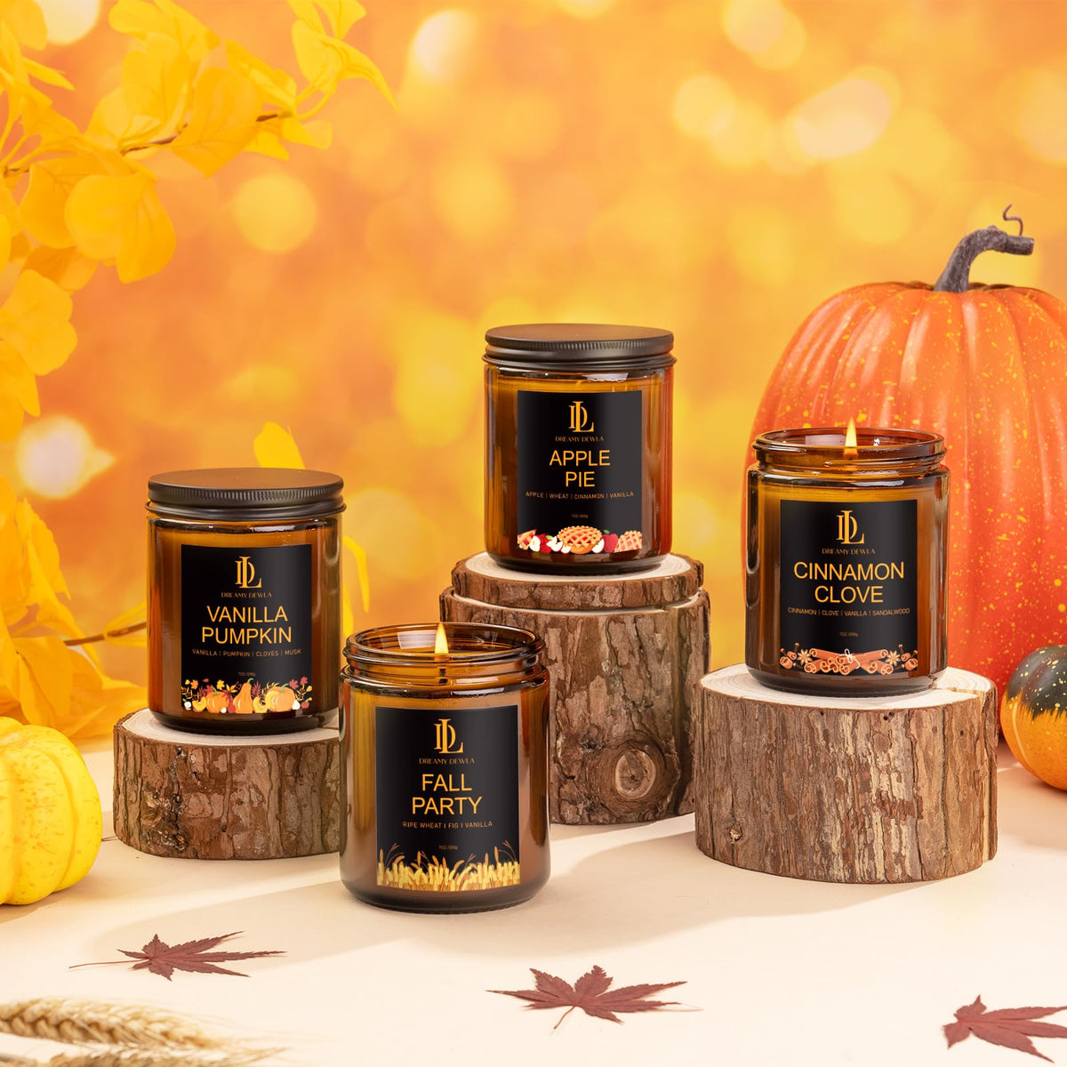 Fall Candles Set for Home Scented 4 Pack 28oz Soy Wax - DL DREAMY DEWLA Official Imagery - 8