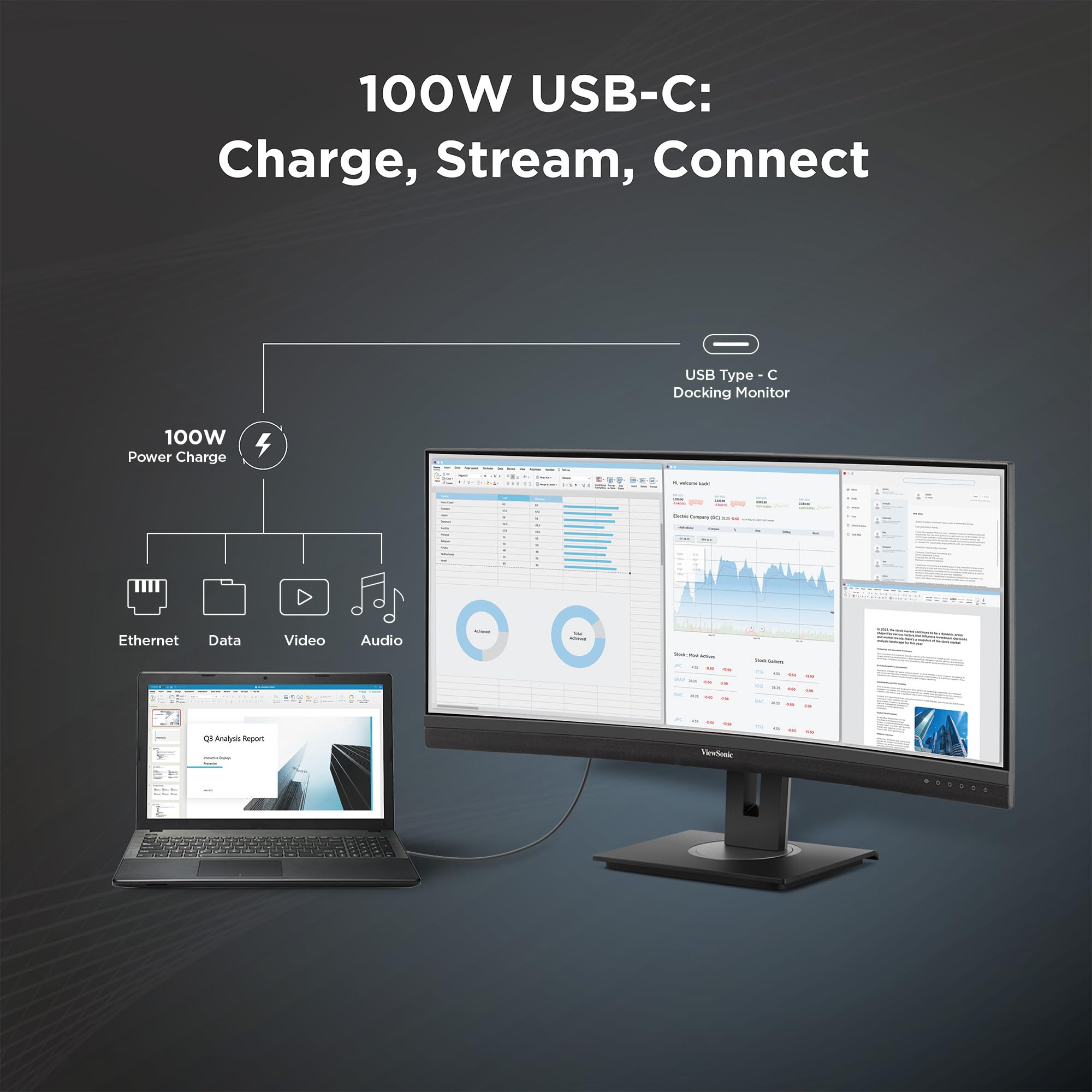 ViewSonic VG3456CA 34 Inch 1440p Ultrawide Docking Monitor, Curved IPS Display for Smooth Home and Office Productivity, Full Ergonomic Adjustability, 100W USB-C, RJ45, and HDMI Inputs