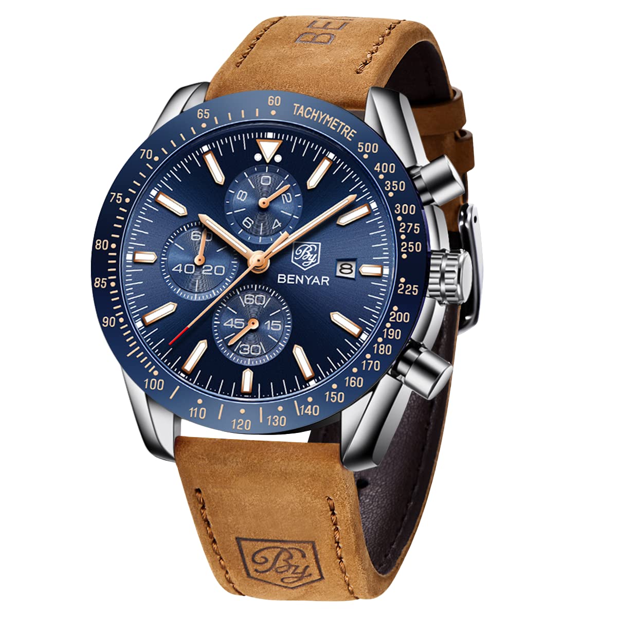 BENYAR men's chronograph watch with quartz movement, luminous dial, and stainless steel strap displayed in close-up.