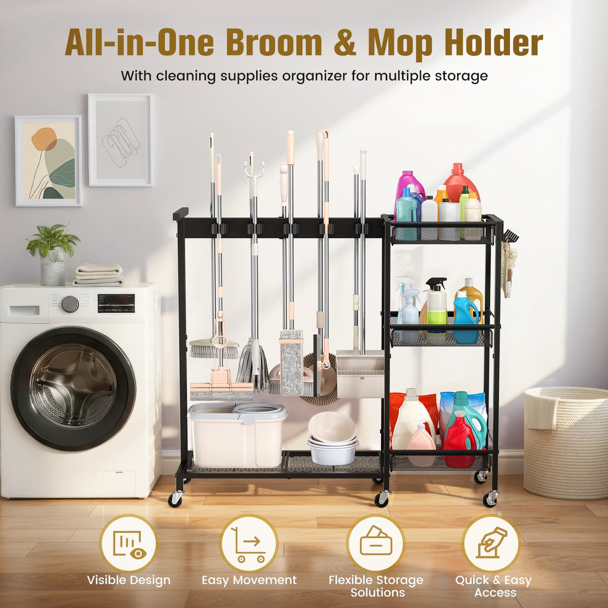 Broom Holder with Cleaning Supplies Organizer Cleaning - Beolisave Official Imagery - 4