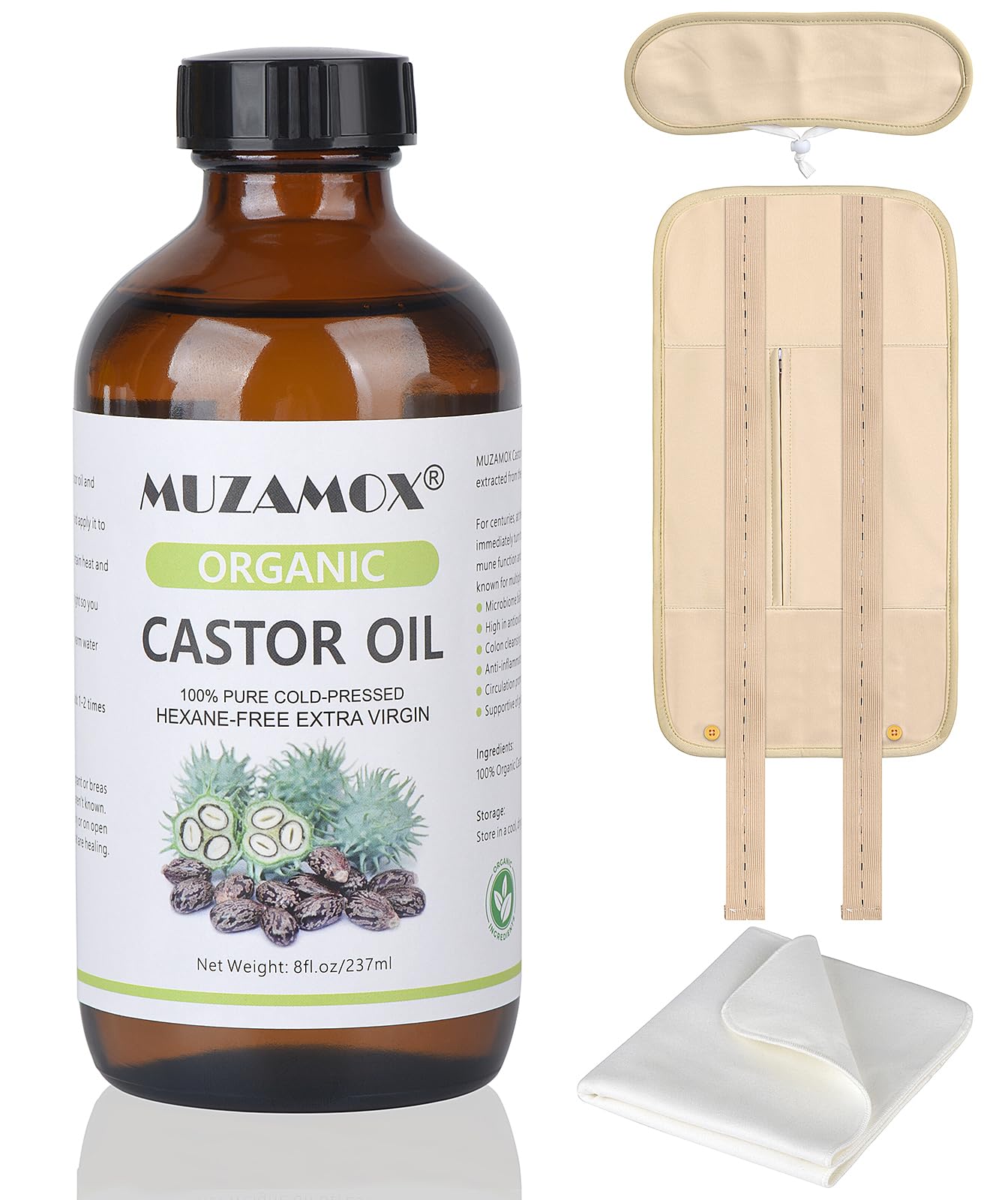 MUZAMOX Castor Oil Pack Wrap 8fl oz Glass Bottle Set Organic - MUZAMOX Official Imagery - 1