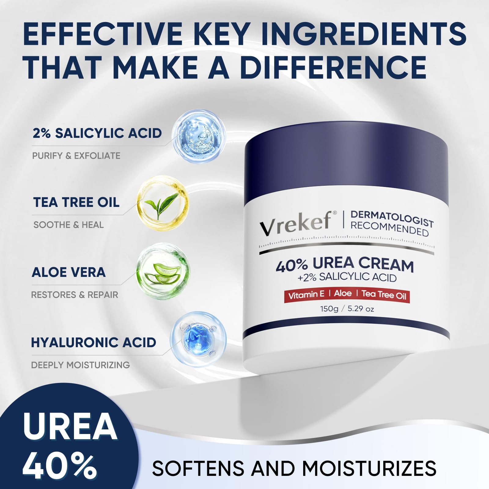 VREKEF 60% Urea and Salicylic Acid heel repair moisturizer, 5oz tube for dry, cracked heels with skin softening ingredients.