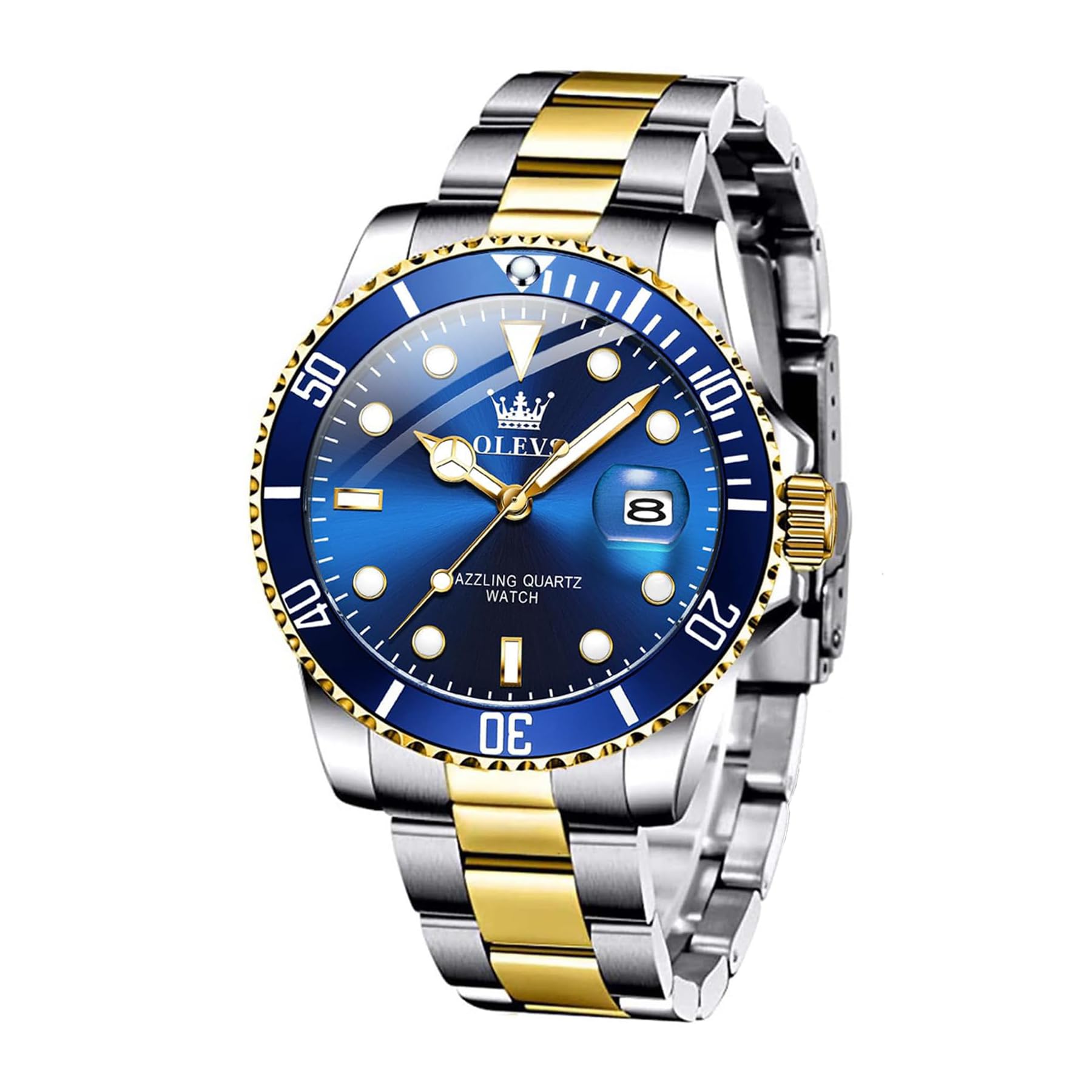 OLEVS Men's Two-Tone Silver & Blue Dial Watch 41mm Luminous