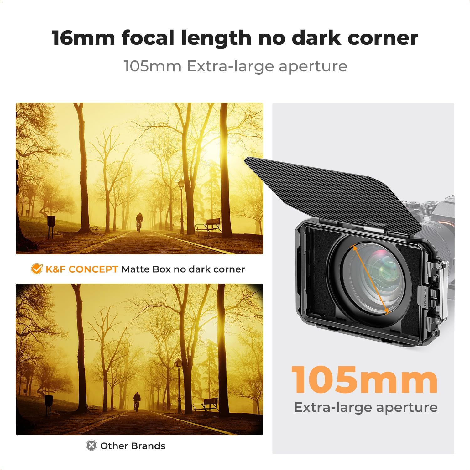 K&F CONCEPT DSLR matte box with carbon fiber top flag, adjustable lens support and matte finish for professional camera setup.
