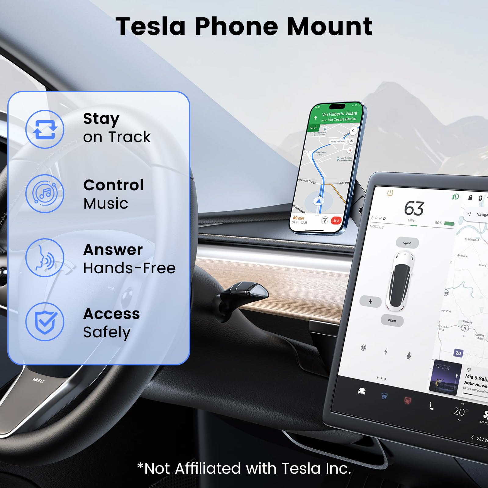 Gray MAGDIGITEH magnetic phone holder for laptops, adjustable mount for iPhone 17 to 12, compatible with Tesla monitors.