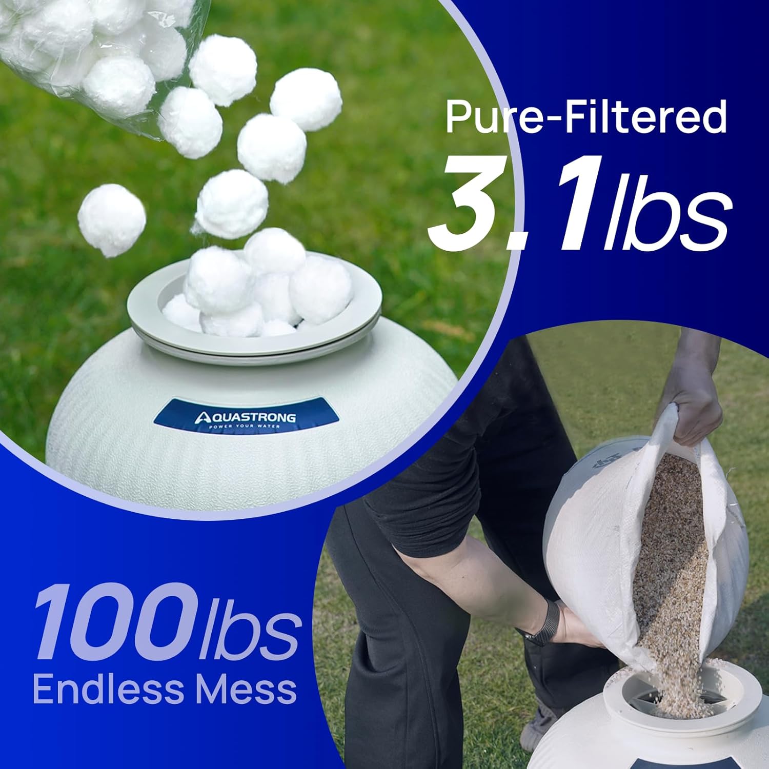 AQUASTRONG reusable pool filter balls for sand filters, 3.1 lbs, white spherical filtration media for pool filtration systems