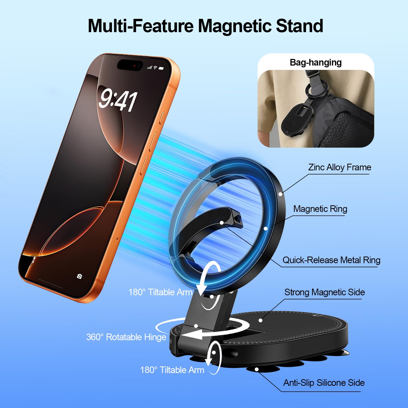 TecChic 3-in-1 magnetic phone stand with adjustable rotatable mount, compatible with iPhone 17 to 14, for car, gym, kitchen, or desk use.