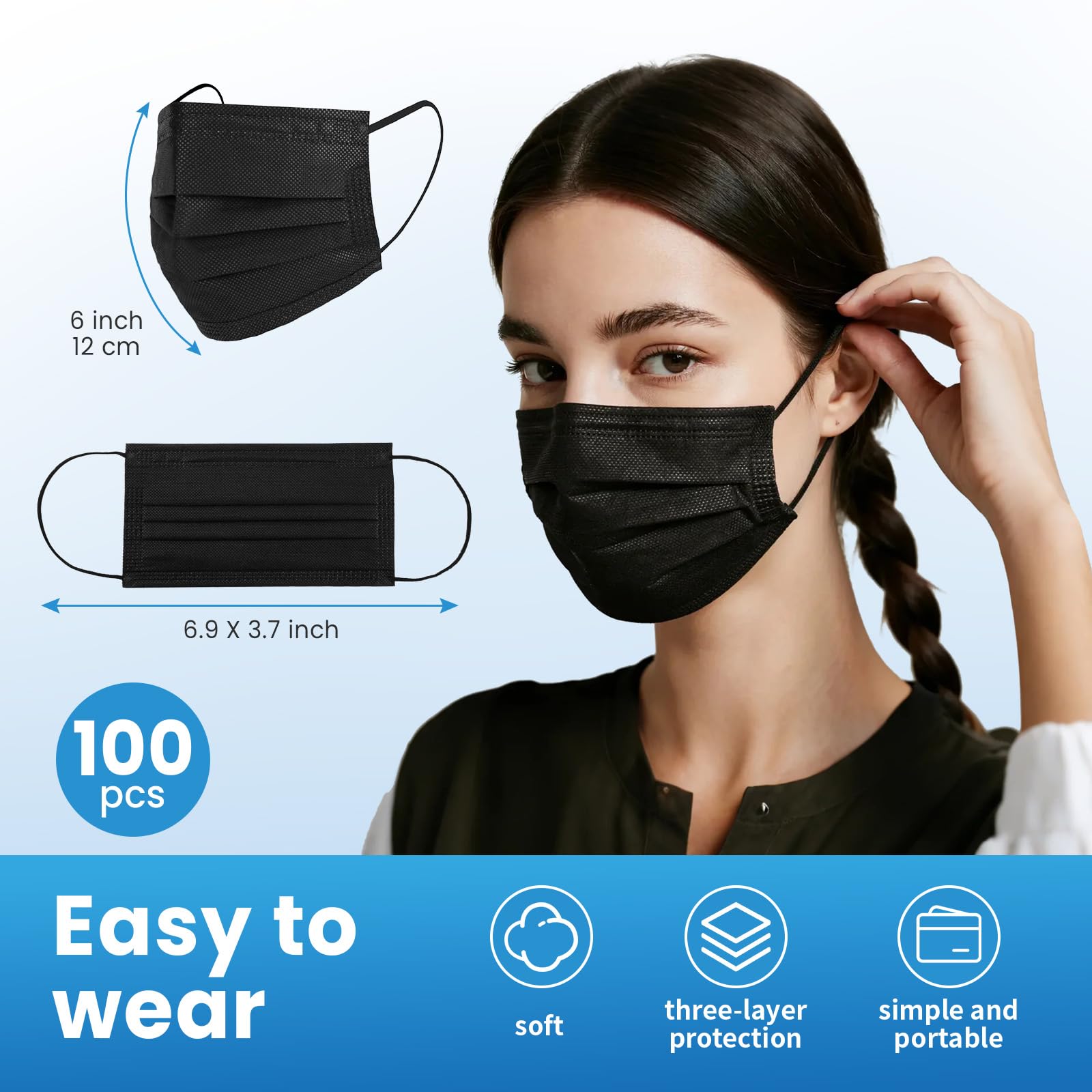Borje Disposable Face Mask, 100 PCS Black Masks, 3 Ply Protection - Borje Official Product View 5