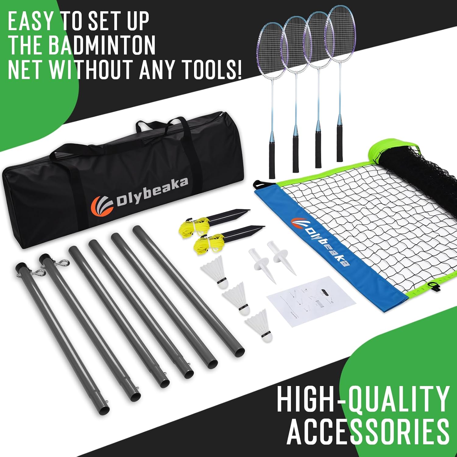 Outdoor badminton net set by Olybeaka for backyard, beach, family games, includes net, poles, and shuttlecocks for outdoor fun.