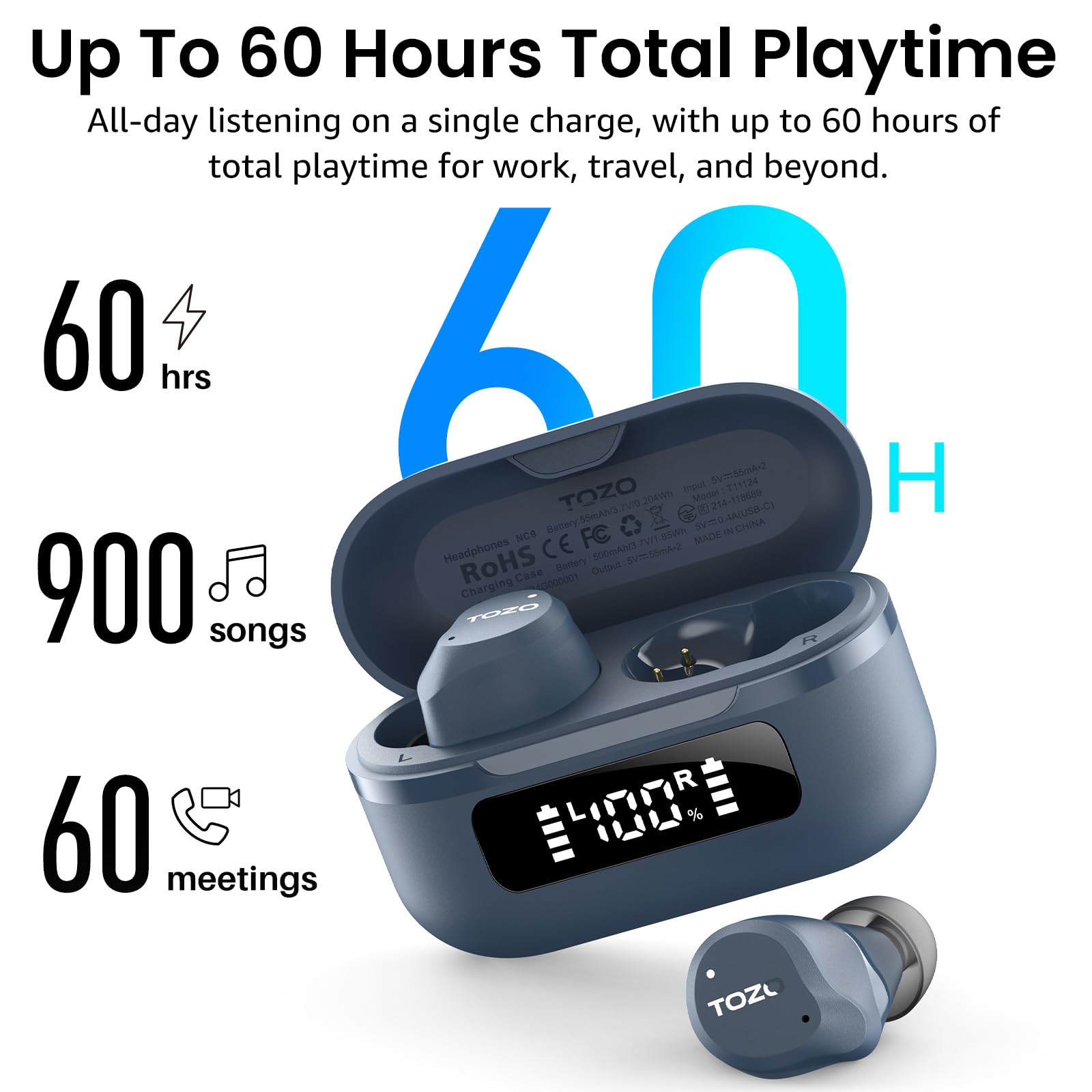 TOZO NC9 Hybrid Active Noise Cancelling Wireless Earbuds, 60H, LE - TOZO Official Product View 4